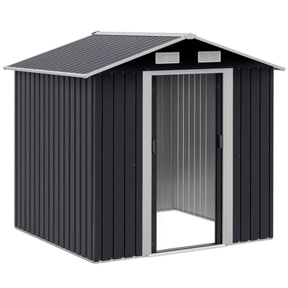 Garden Shed 2.6m², Galvanized Steel Tool Storage with Double Sliding Door and 4 Air Vents, 195.5x153x188cm, Black