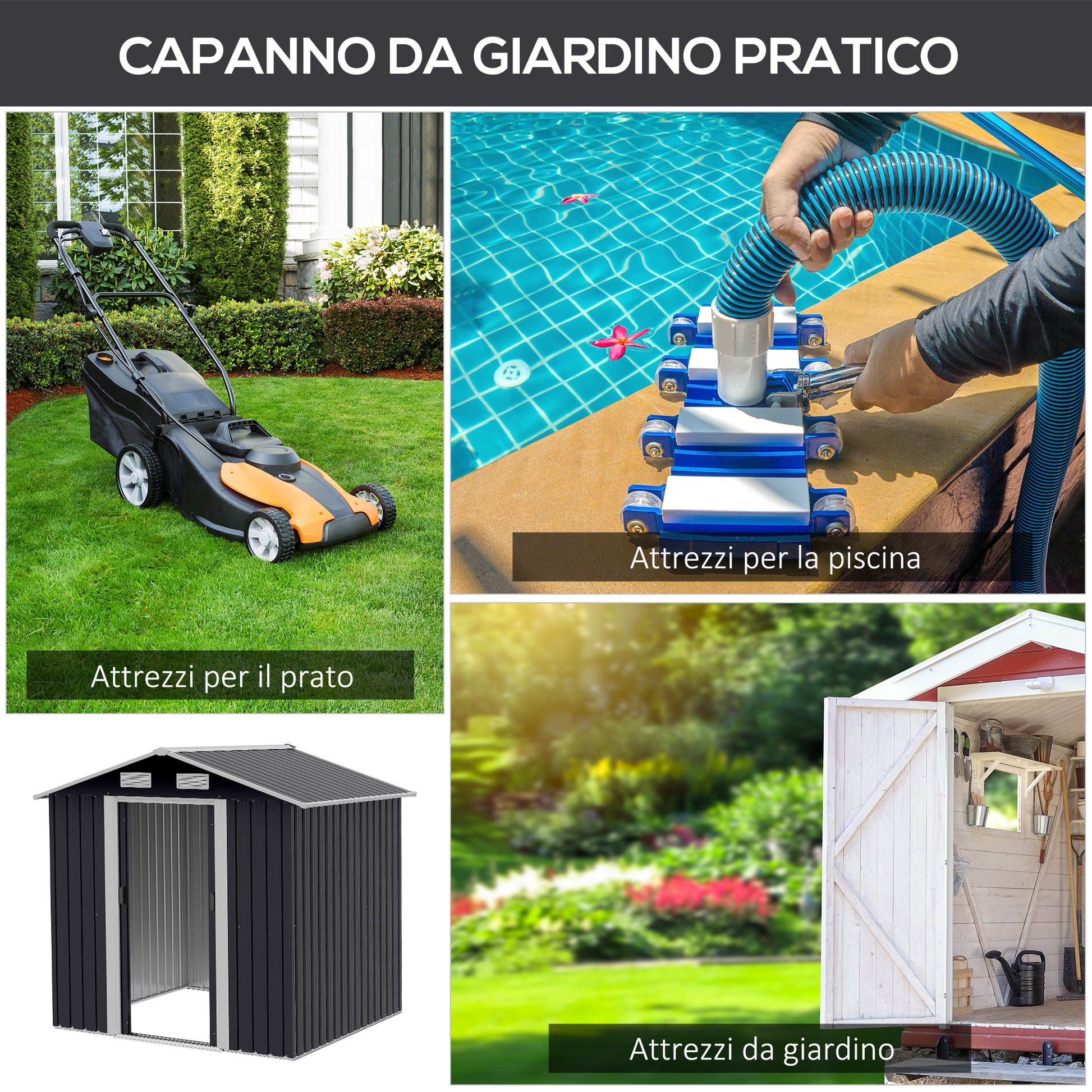 Garden Shed 2.6m², Galvanized Steel Tool Storage with Double Sliding Door and 4 Air Vents, 195.5x153x188cm, Black