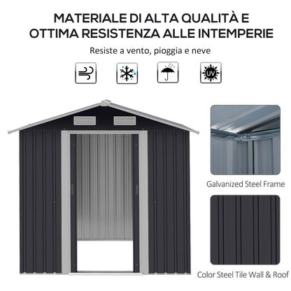 Garden Shed 2.6m², Galvanized Steel Tool Storage with Double Sliding Door and 4 Air Vents, 195.5x153x188cm, Black
