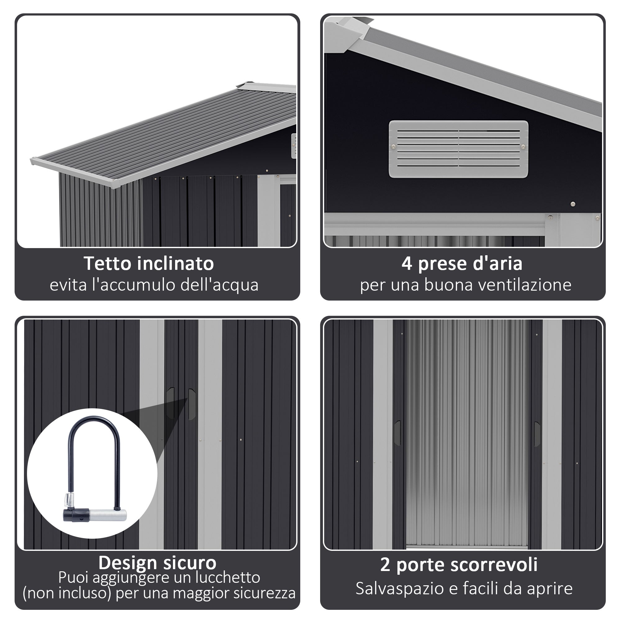 Garden Shed 2.6m², Galvanized Steel Tool Storage with Double Sliding Door and 4 Air Vents, 195.5x153x188cm, Black