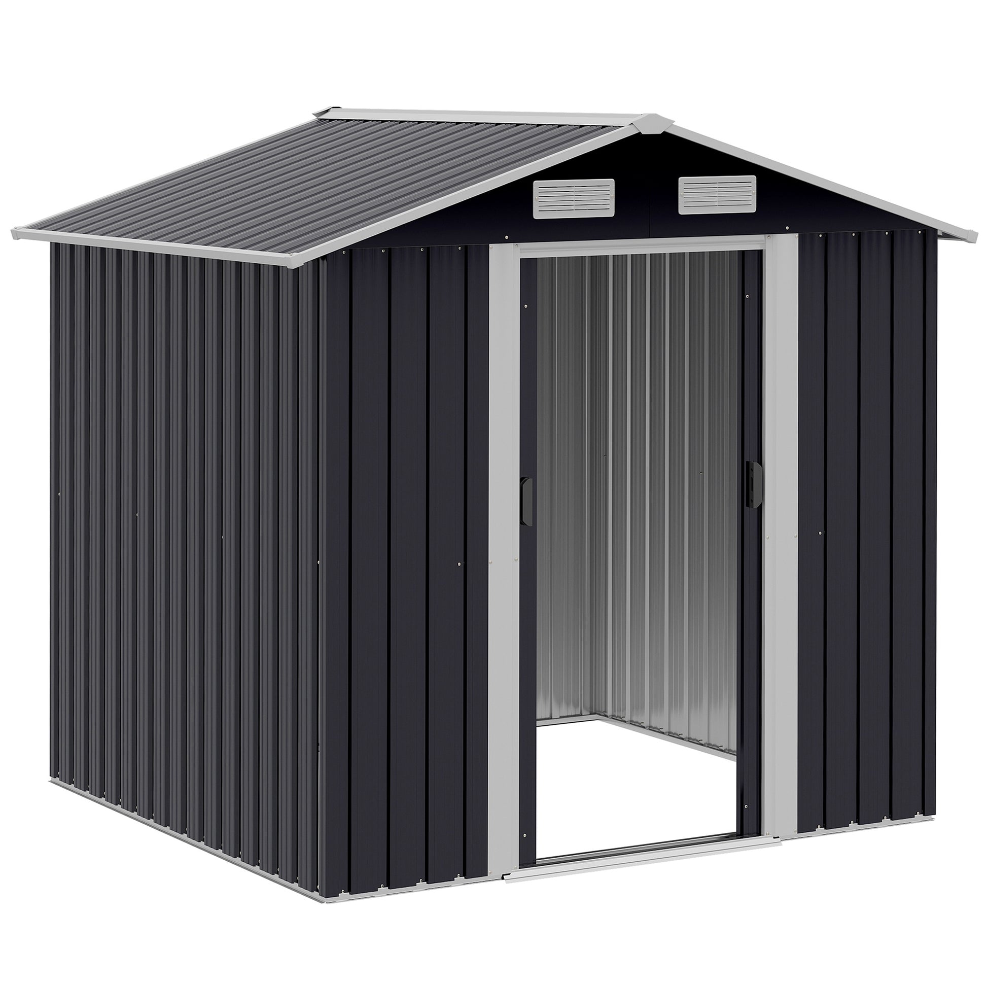 Garden Shed 2.6m², Galvanized Steel Tool Storage with Double Sliding Door and 4 Air Vents, 195.5x153x188cm, Black