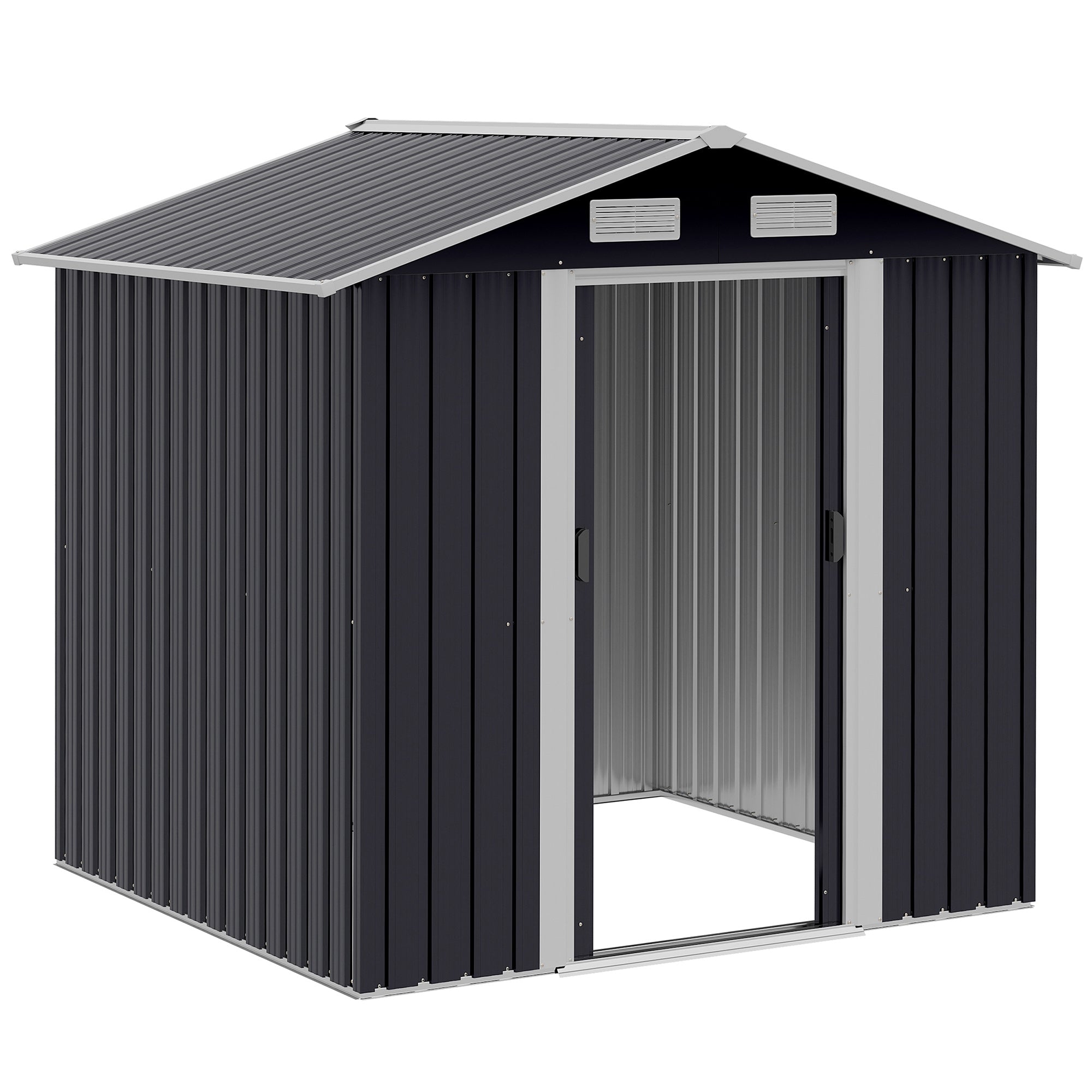 Garden Shed 2.6m², Galvanized Steel Tool Storage with Double Sliding Door and 4 Air Vents, 195.5x153x188cm, Black