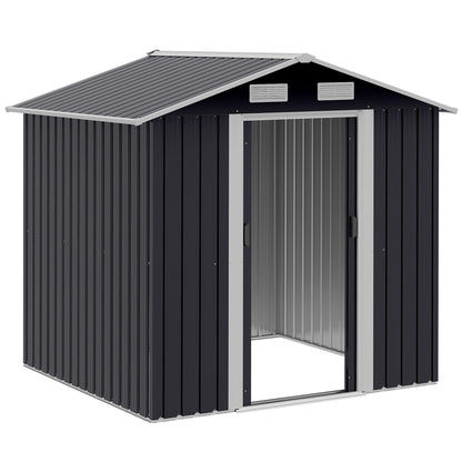 Garden Shed 2.6m², Galvanized Steel Tool Storage with Double Sliding Door and 4 Air Vents, 195.5x153x188cm, Black