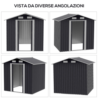 Garden Shed 2.6m², Galvanized Steel Tool Storage with Double Sliding Door and 4 Air Vents, 195.5x153x188cm, Black