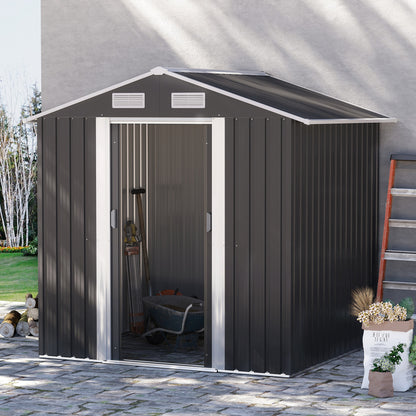 Garden Shed 2.6m², Galvanized Steel Tool Storage with Double Sliding Door and 4 Air Vents, 195.5x153x188cm, Black