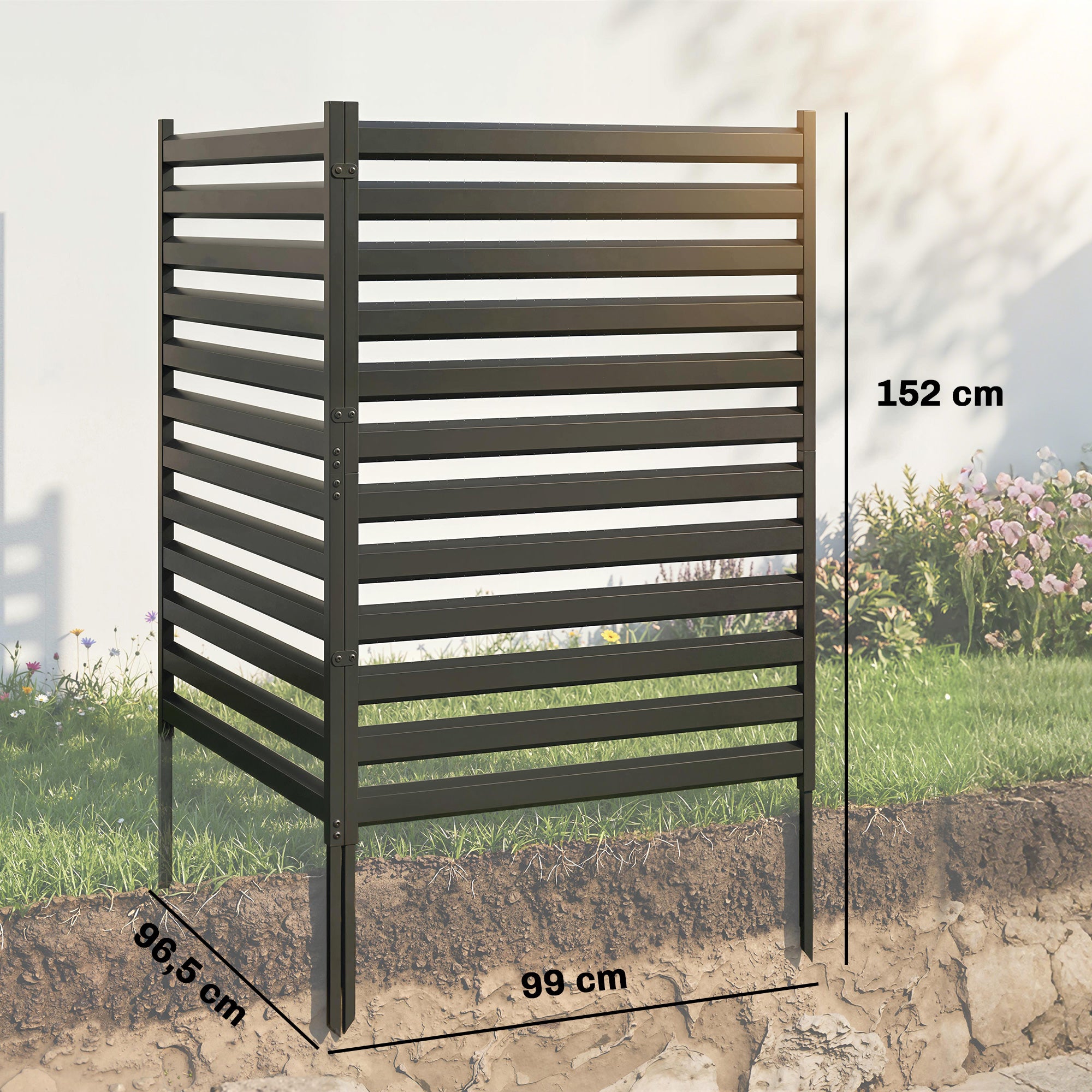 Garden Fence 2 Panels 59.8 x 35.8 in Metal Privacy Fence with Posts & End Caps, Plug-In Decorative Rust-Resistant Outdoor Panels for Trash, Pool, No-Dig Installation, Black