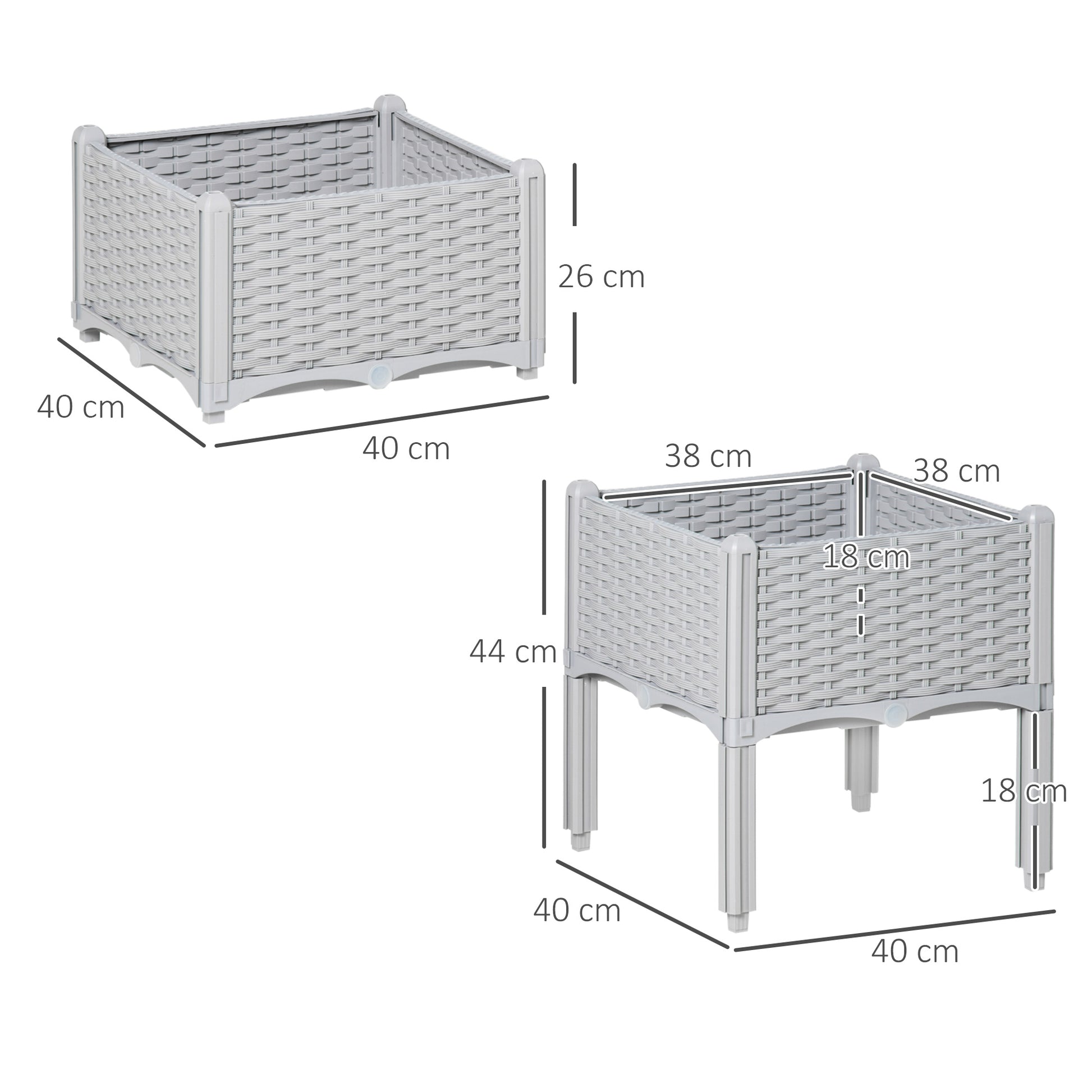 Set of 2 Outdoor Square Planters Imitation Wicker Free Combination Plant Pots for Garden Patio 40x40x26/44 cm Gray