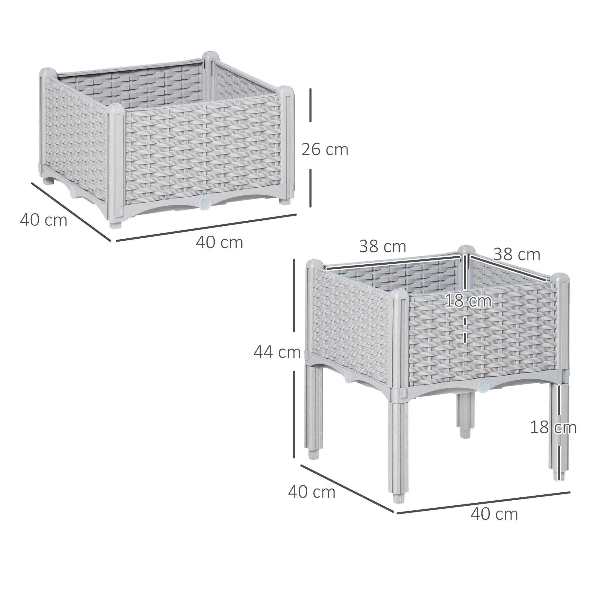 Set of 2 Outdoor Square Planters Imitation Wicker Free Combination Plant Pots for Garden Patio 40x40x26/44 cm Gray