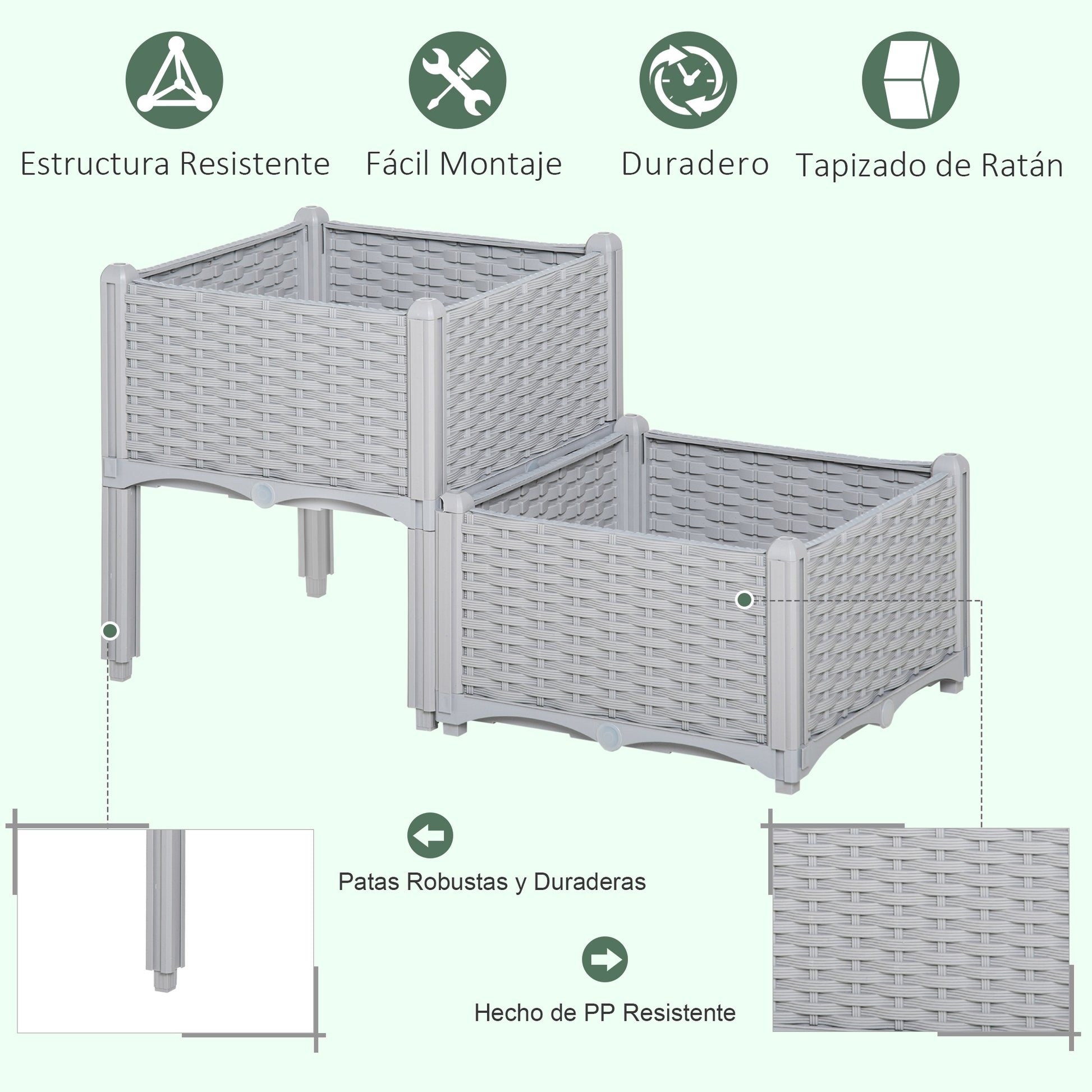 Set of 2 Outdoor Square Planters Imitation Wicker Free Combination Plant Pots for Garden Patio 40x40x26/44 cm Gray