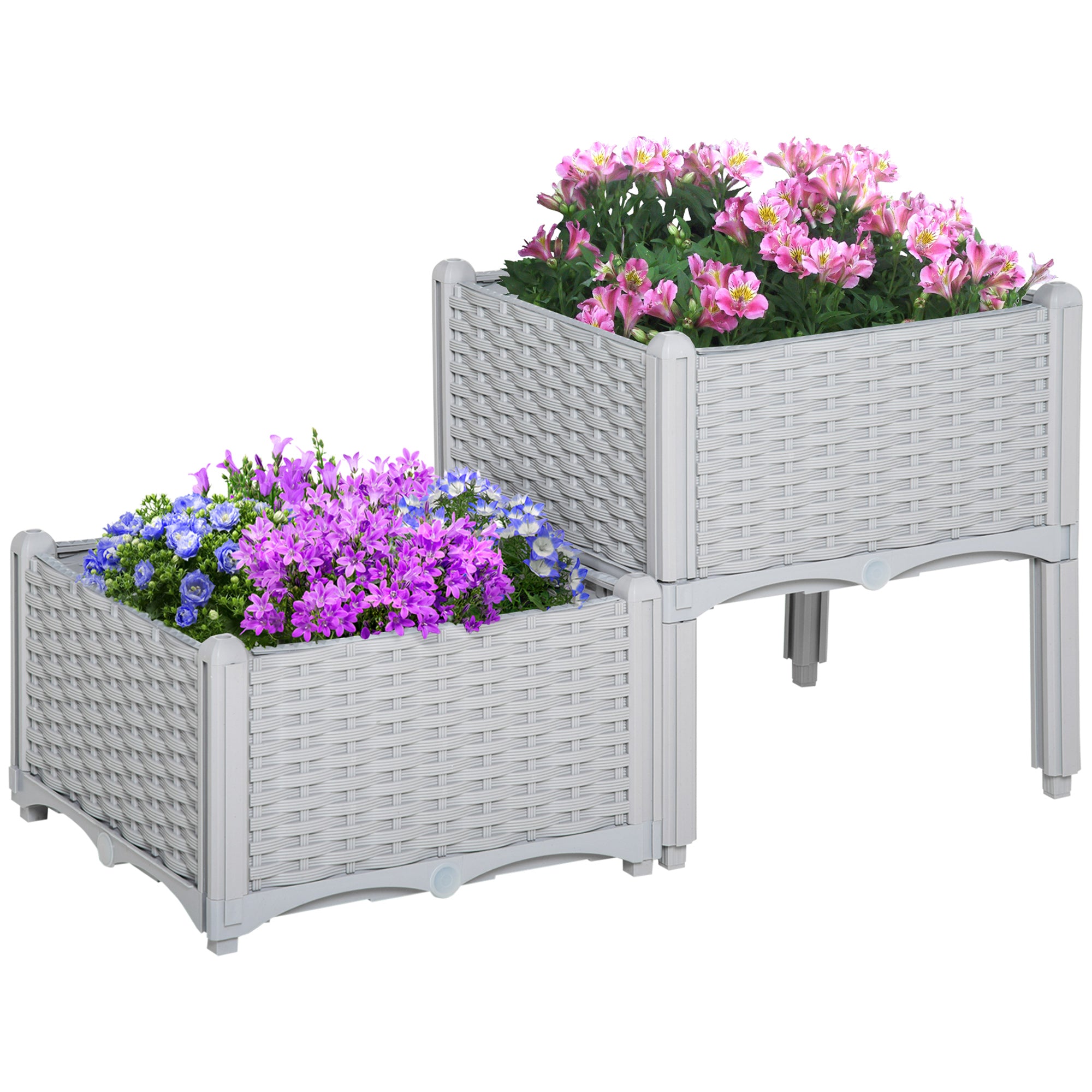 Set of 2 Outdoor Square Planters Imitation Wicker Free Combination Plant Pots for Garden Patio 40x40x26/44 cm Gray