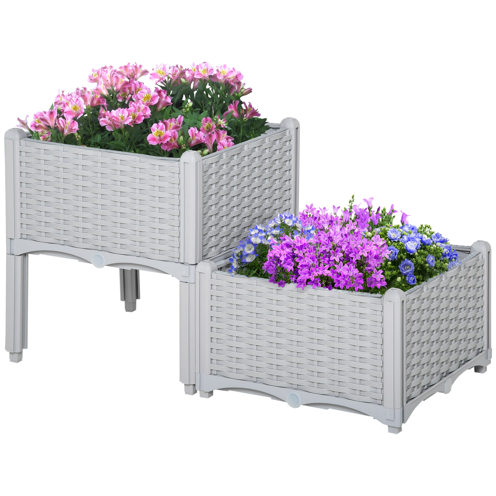 Set of 2 Outdoor Square Planters Imitation Wicker Free Combination Plant Pots for Garden Patio 40x40x26/44 cm Gray