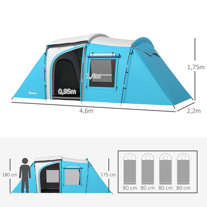 Family Camping Tent for 3-4 People with 2 Bedrooms - 4 Doors and 4 Windows, Carrying Bag, Waterproof, dimensions 460L x 220W x 175H cm