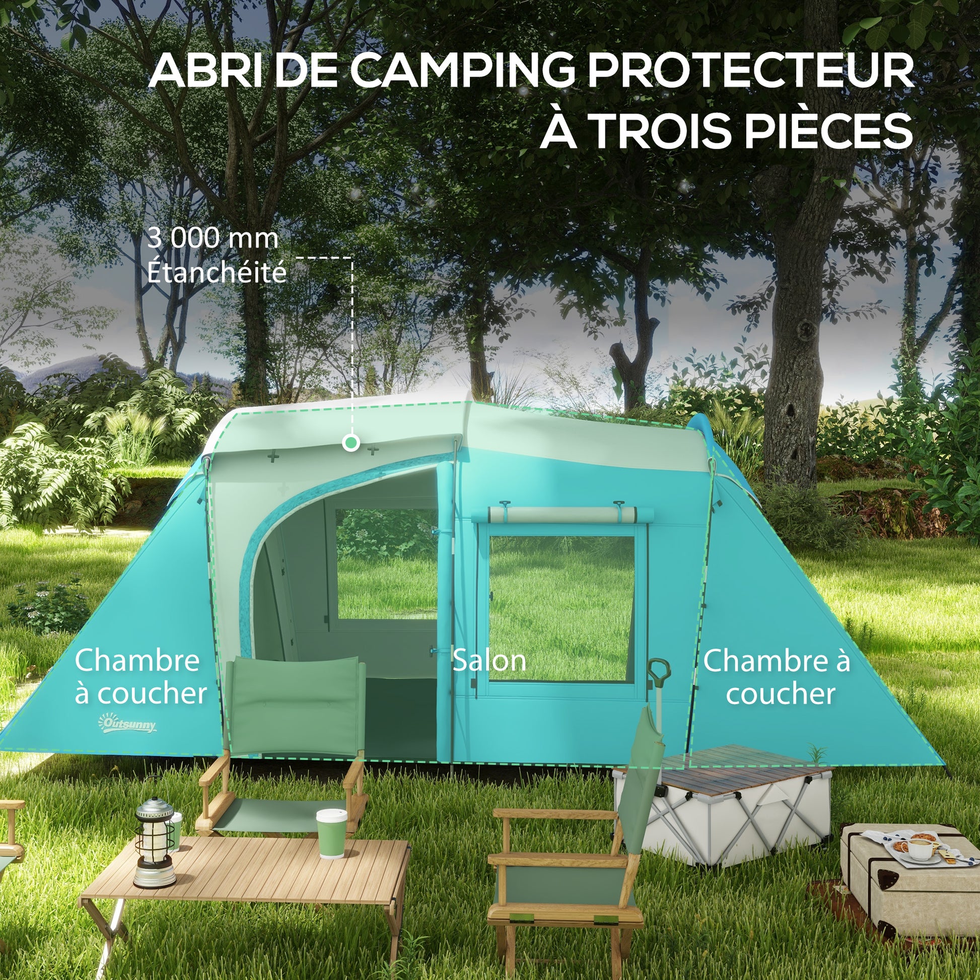 Family Camping Tent for 3-4 People with 2 Bedrooms - 4 Doors and 4 Windows, Carrying Bag, Waterproof, dimensions 460L x 220W x 175H cm