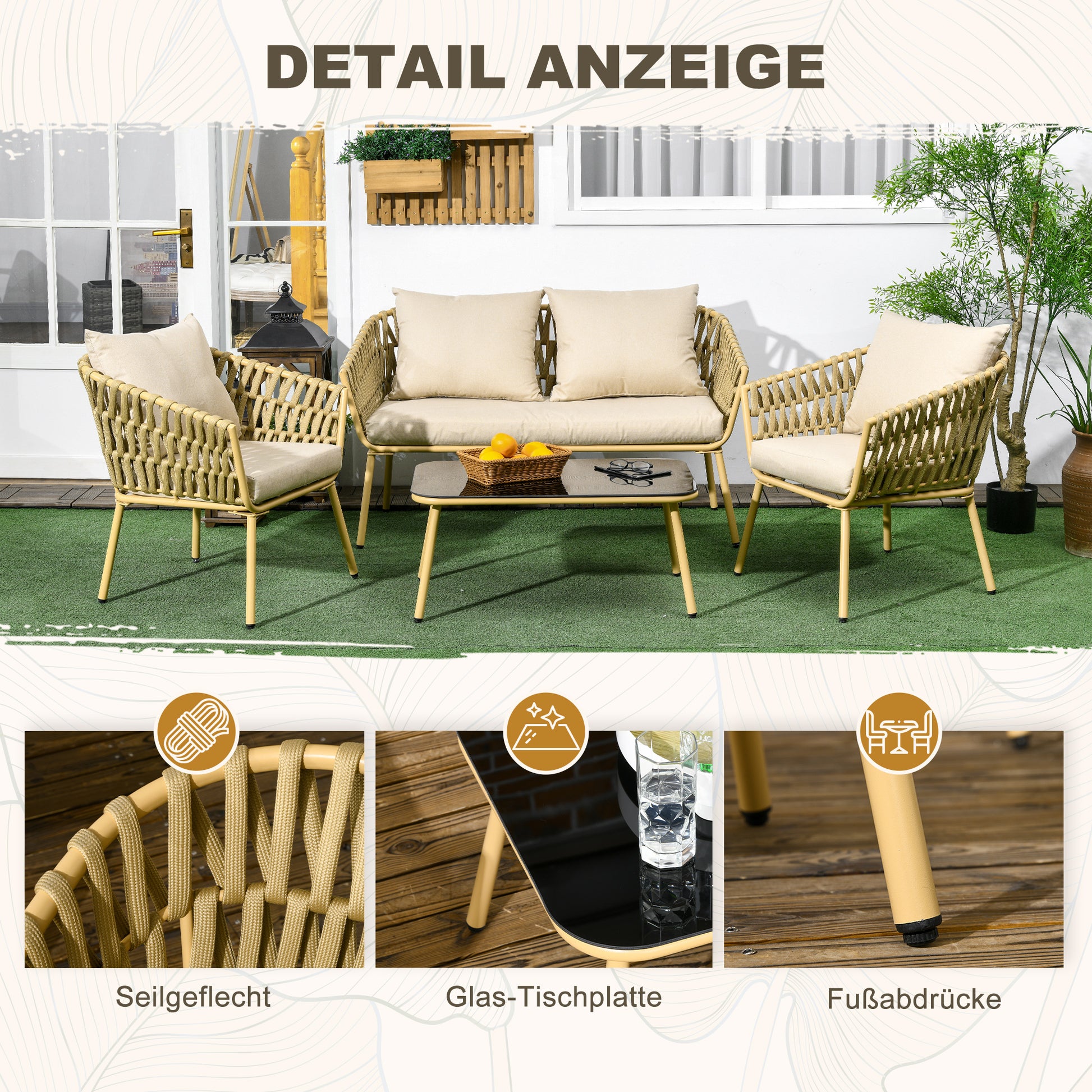 4 Piece Garden Furniture Set, Seating Group with 1 Coffee Table, 2 Armchairs, 1 Double Sofa, Patio Furniture Set with Cushions, Seating Set for Garden, Patio, Steel, Khaki