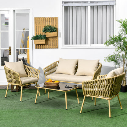 4 Piece Garden Furniture Set, Seating Group with 1 Coffee Table, 2 Armchairs, 1 Double Sofa, Patio Furniture Set with Cushions, Seating Set for Garden, Patio, Steel, Khaki