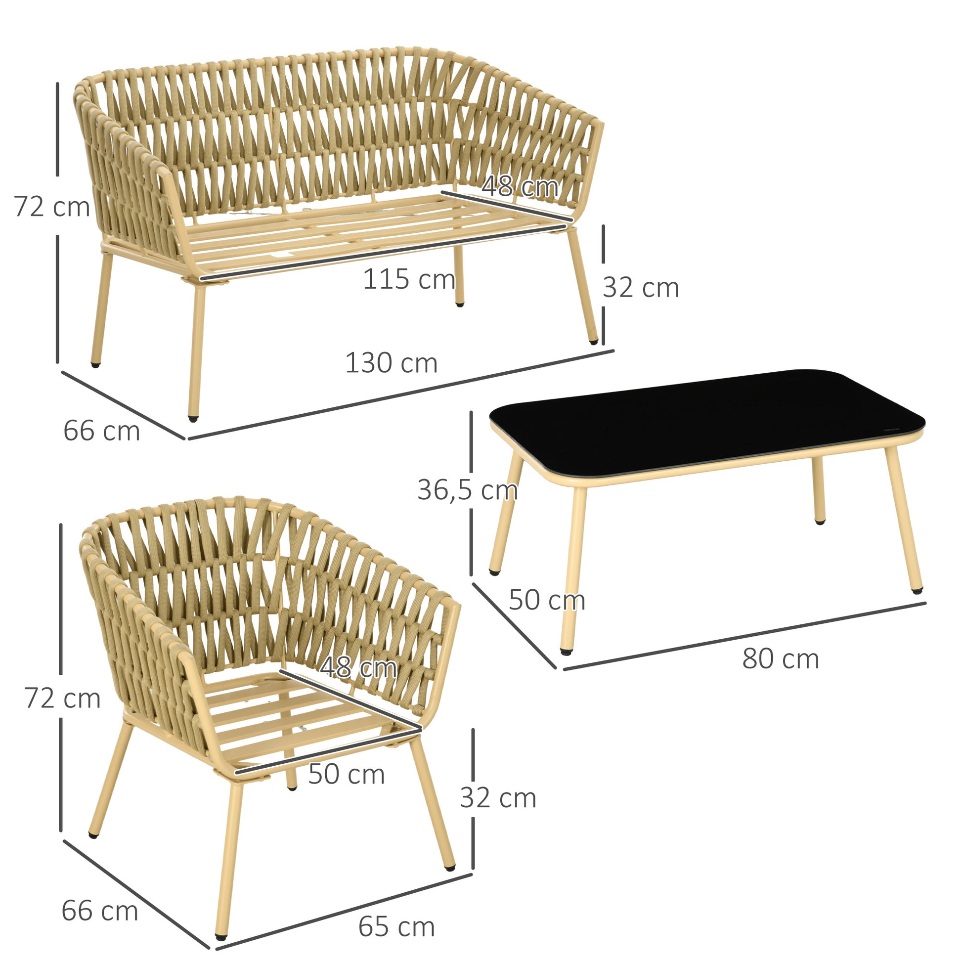 4 Piece Garden Furniture Set, Seating Group with 1 Coffee Table, 2 Armchairs, 1 Double Sofa, Patio Furniture Set with Cushions, Seating Set for Garden, Patio, Steel, Khaki