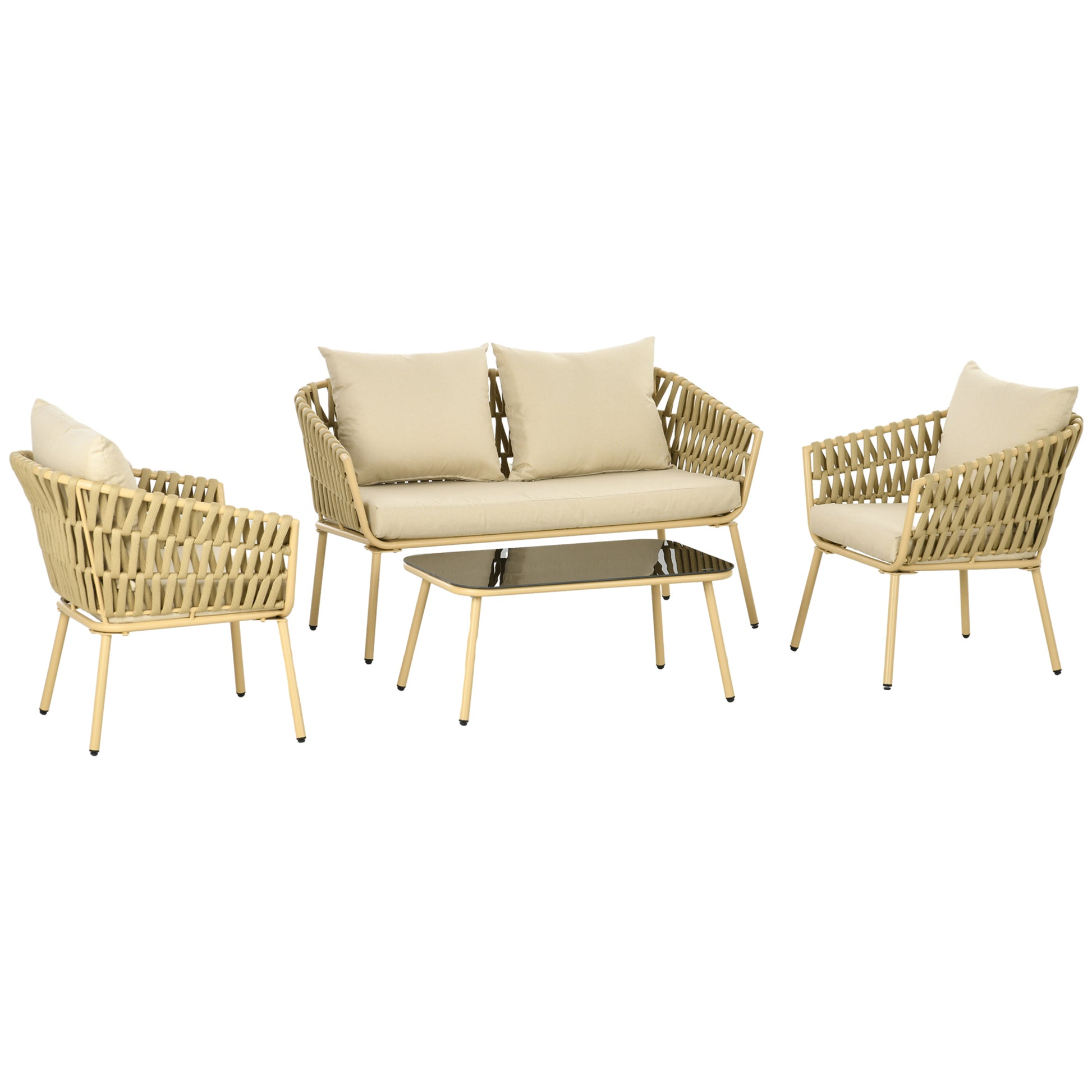 4 Piece Garden Furniture Set, Seating Group with 1 Coffee Table, 2 Armchairs, 1 Double Sofa, Patio Furniture Set with Cushions, Seating Set for Garden, Patio, Steel, Khaki