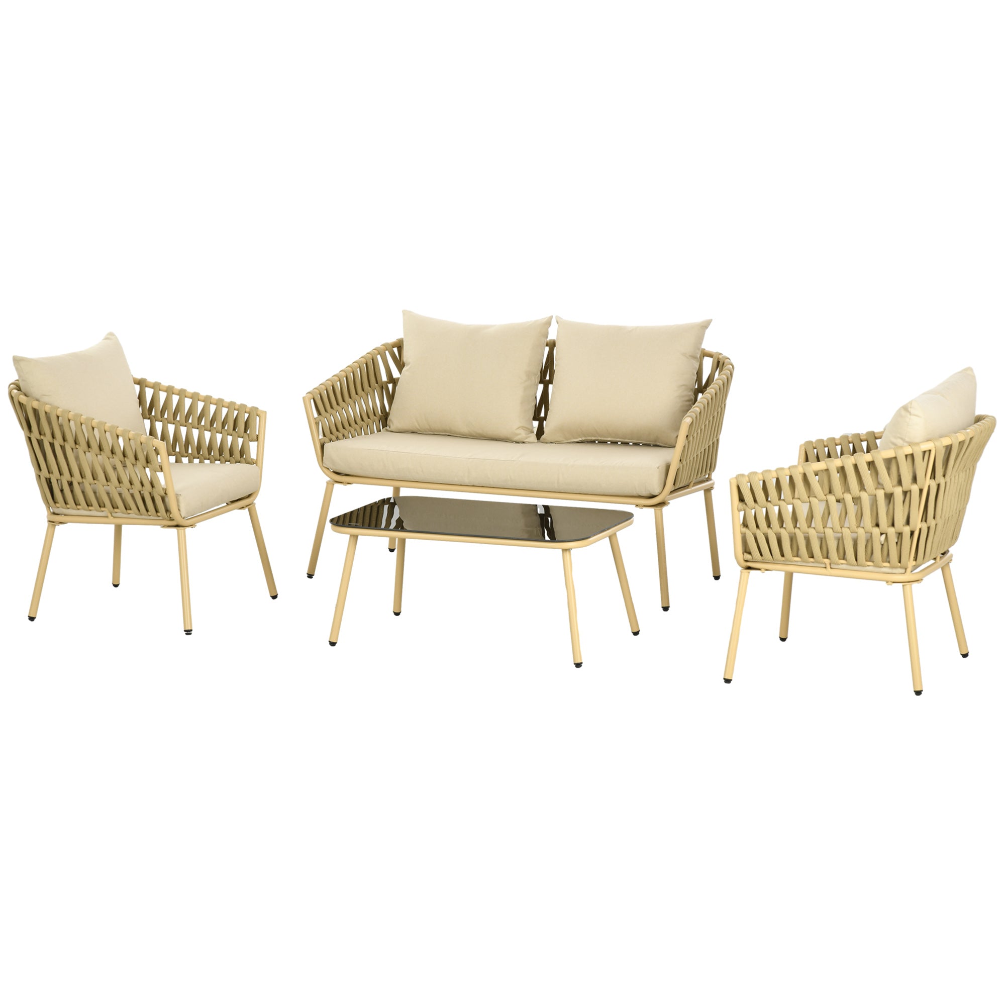 4 Piece Garden Furniture Set, Seating Group with 1 Coffee Table, 2 Armchairs, 1 Double Sofa, Patio Furniture Set with Cushions, Seating Set for Garden, Patio, Steel, Khaki