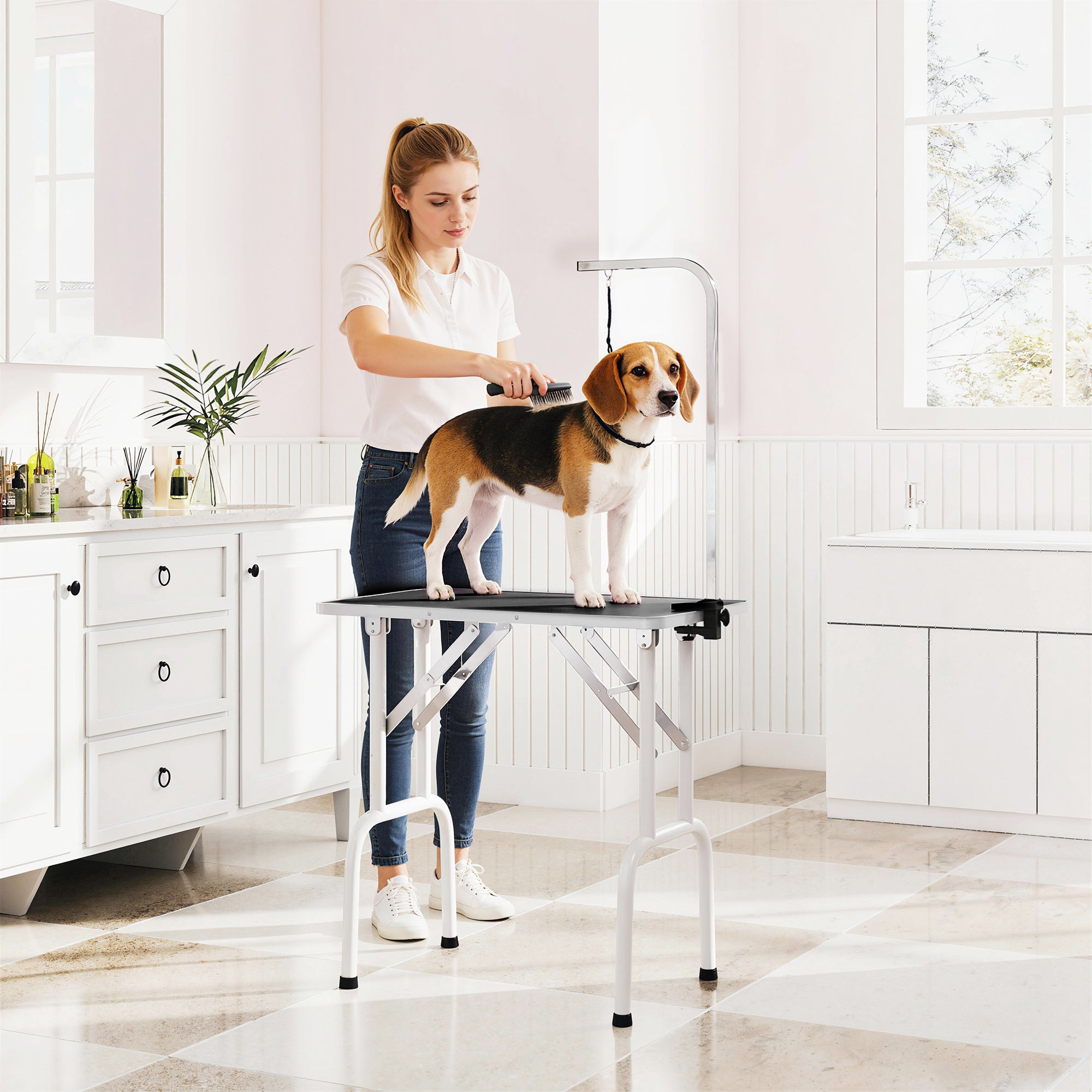 Folding Dog Grooming Table with Leash, Non-Slip Rubber Top, Foldable Steel Legs, 81 x 48.5 x 80 cm (31.9" x 19.1" x 31.5"), Black