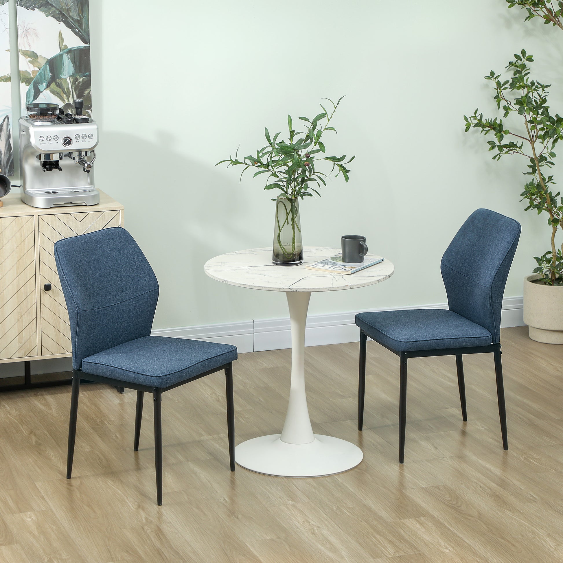 Set of 2 Modern Dining Chairs Kitchen Chairs with Padded Seat and Upholstered Curved Backrest Steel Legs for Living Room Bedroom Blue