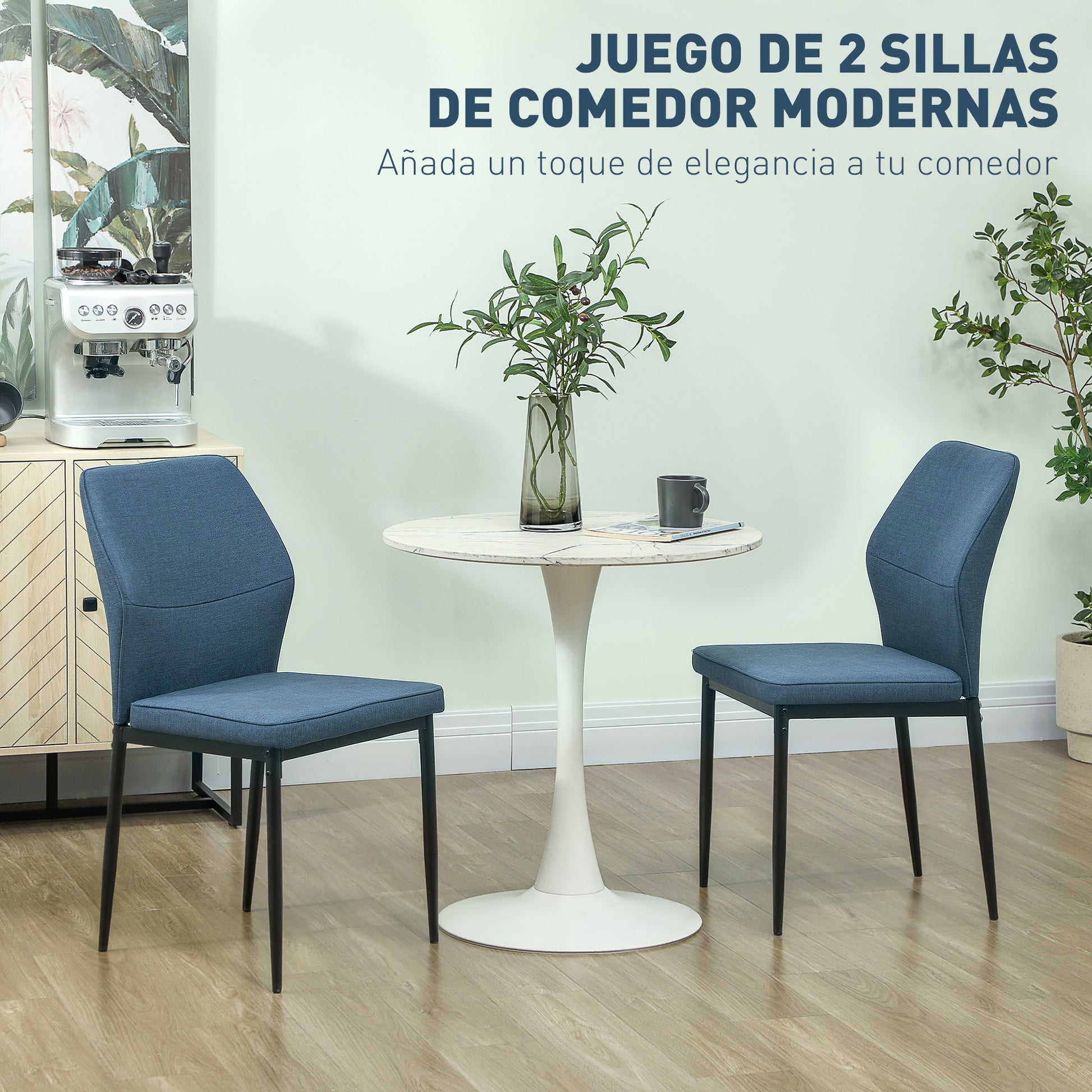 Set of 2 Modern Dining Chairs Kitchen Chairs with Padded Seat and Upholstered Curved Backrest Steel Legs for Living Room Bedroom Blue