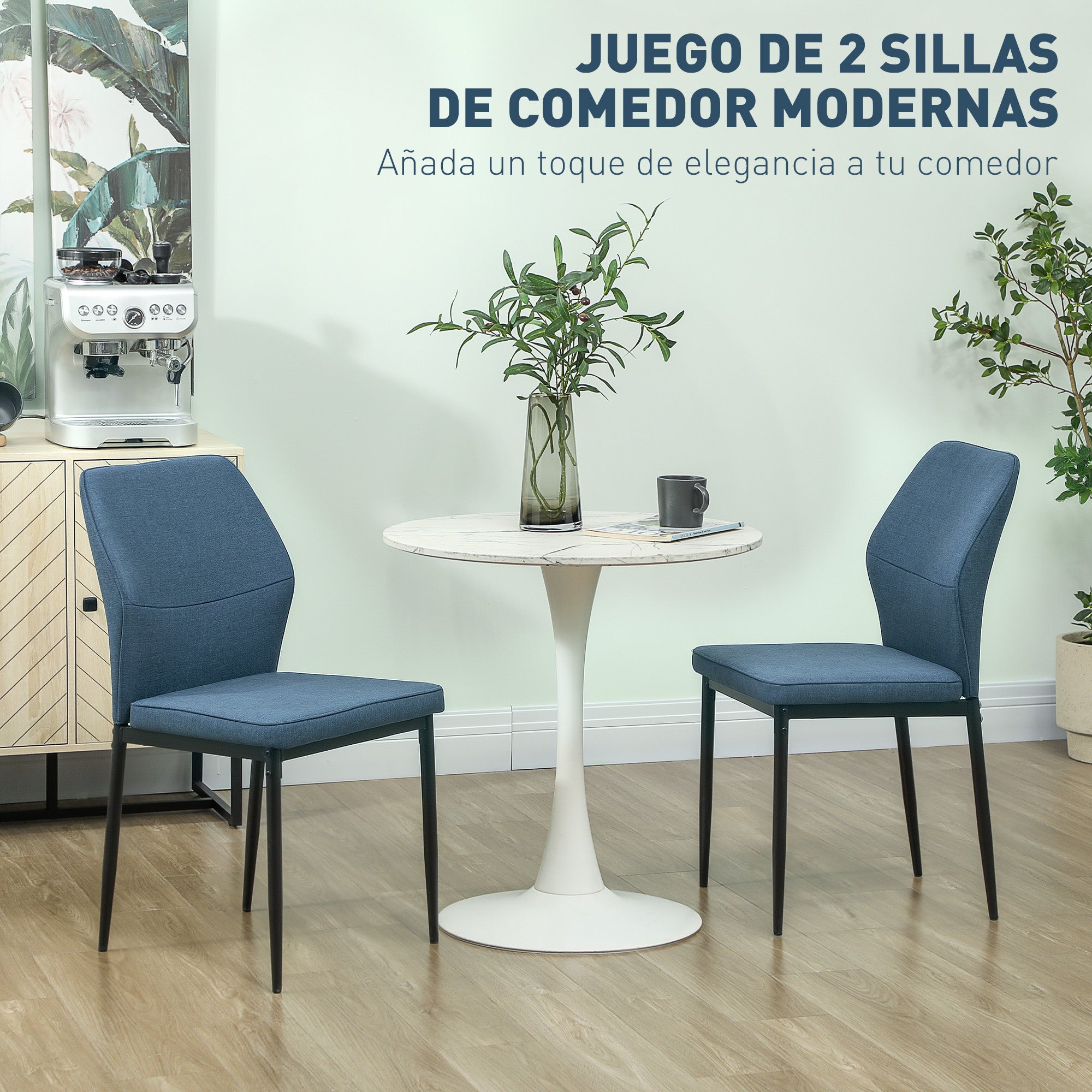 Set of 2 Modern Dining Chairs Kitchen Chairs with Padded Seat and Upholstered Curved Backrest Steel Legs for Living Room Bedroom Blue