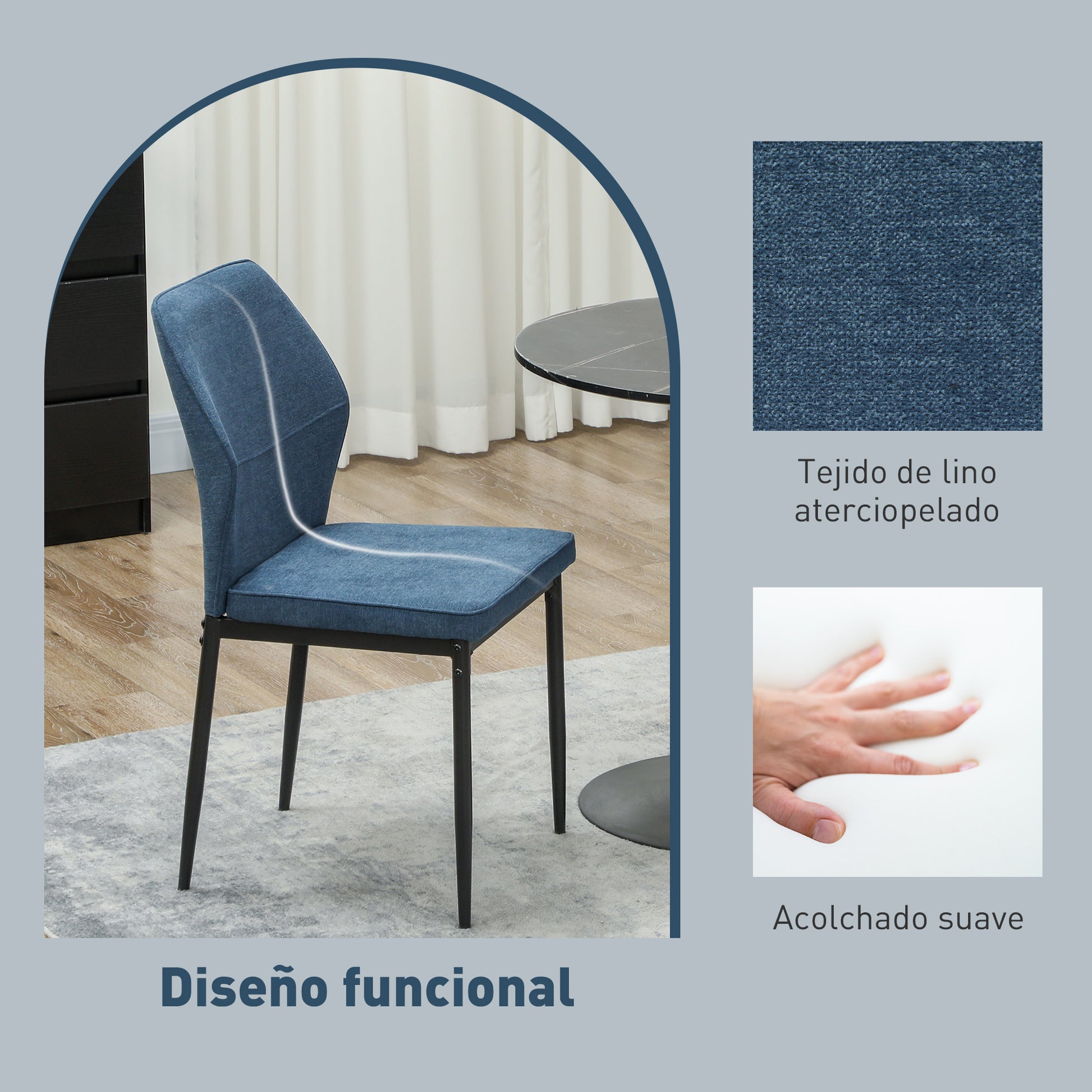 Set of 2 Modern Dining Chairs Kitchen Chairs with Padded Seat and Upholstered Curved Backrest Steel Legs for Living Room Bedroom Blue