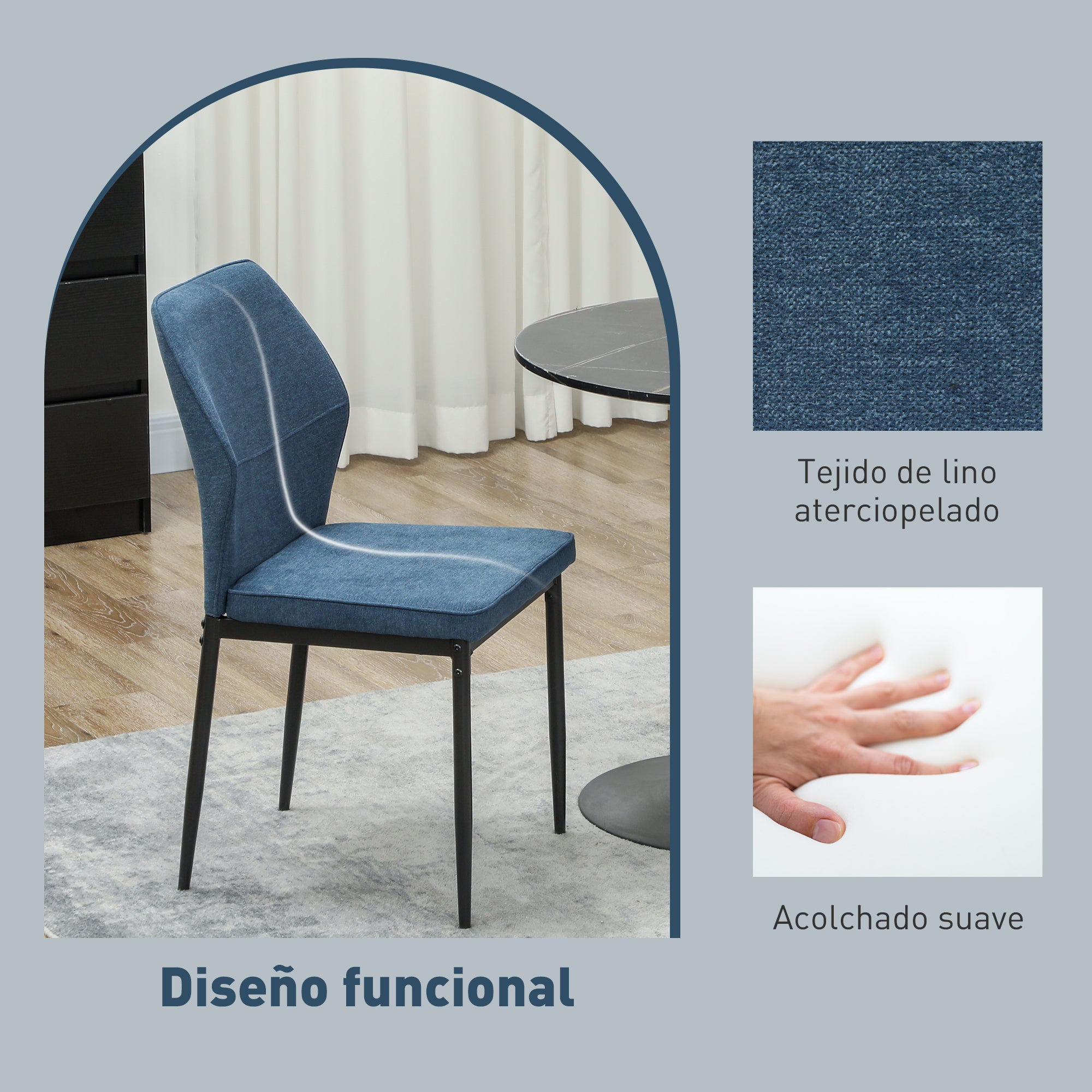 Set of 2 Modern Dining Chairs Kitchen Chairs with Padded Seat and Upholstered Curved Backrest Steel Legs for Living Room Bedroom Blue