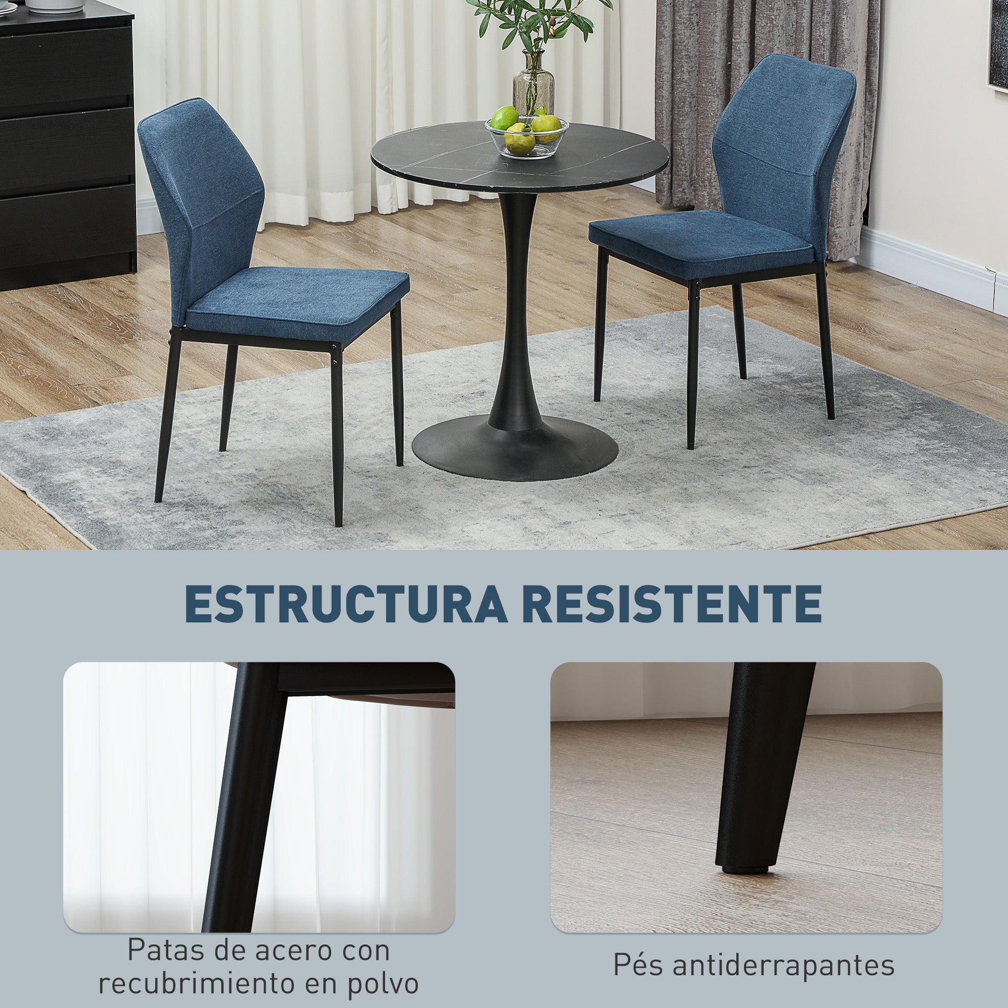 Set of 2 Modern Dining Chairs Kitchen Chairs with Padded Seat and Upholstered Curved Backrest Steel Legs for Living Room Bedroom Blue