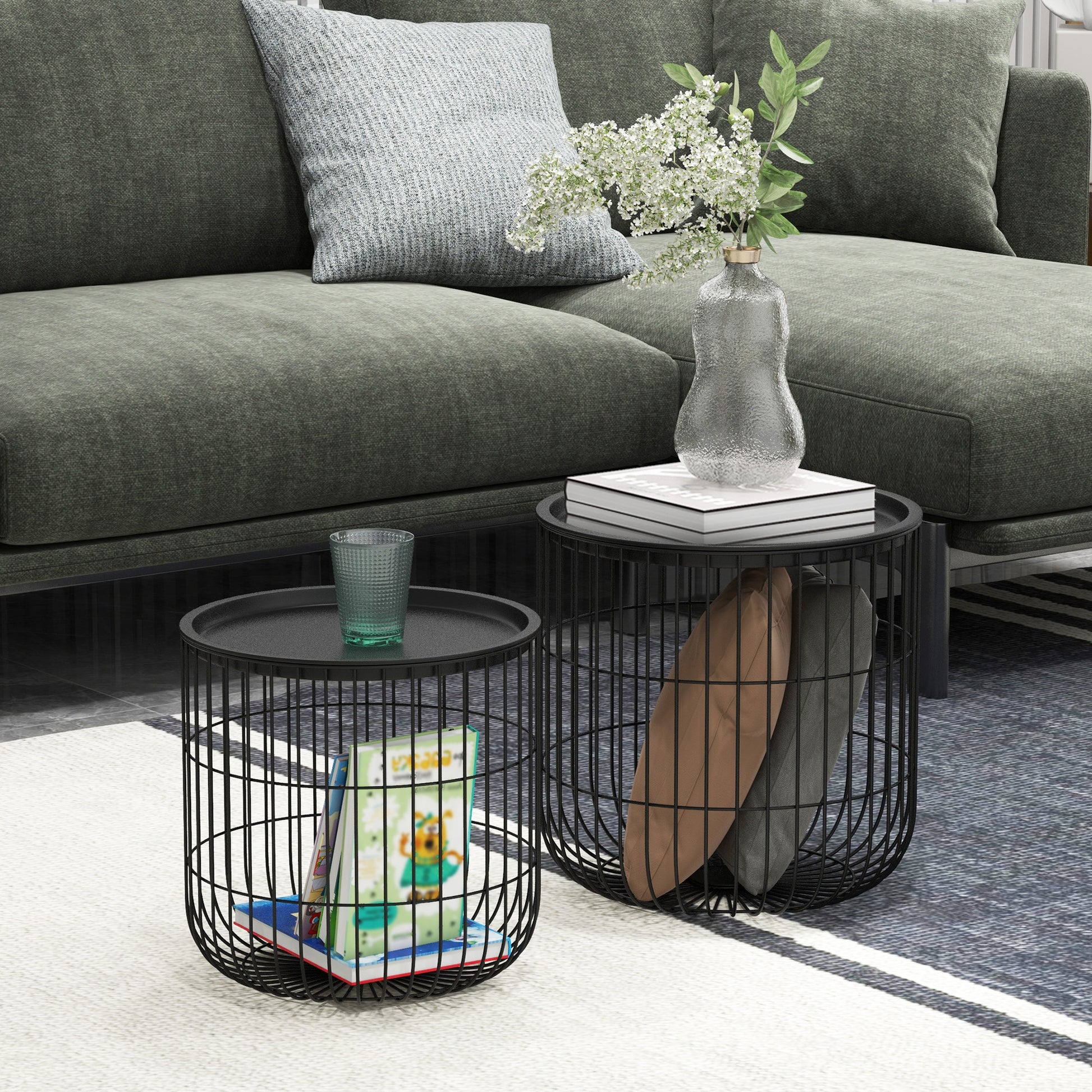 Round Coffee Table 2-Piece Set, Side Table with Storage, Removable Tabletop, Steel Construction, Scandinavian Design, Living Room Coffee Table Side Table for Living Room Bedroom, Black