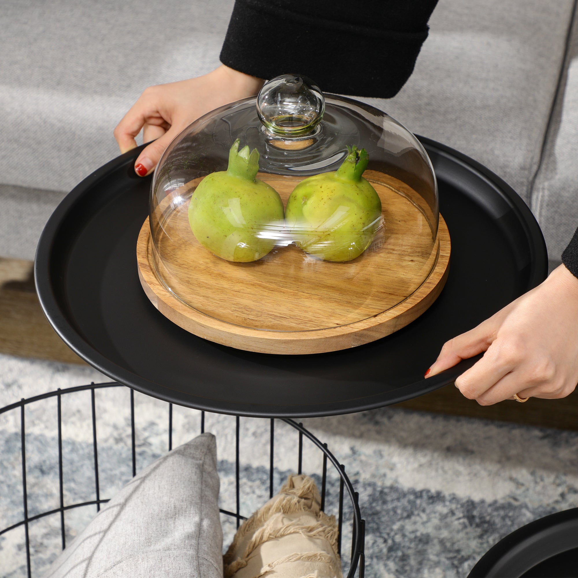 Round Coffee Table 2-Piece Set, Side Table with Storage, Removable Tabletop, Steel Construction, Scandinavian Design, Living Room Coffee Table Side Table for Living Room Bedroom, Black