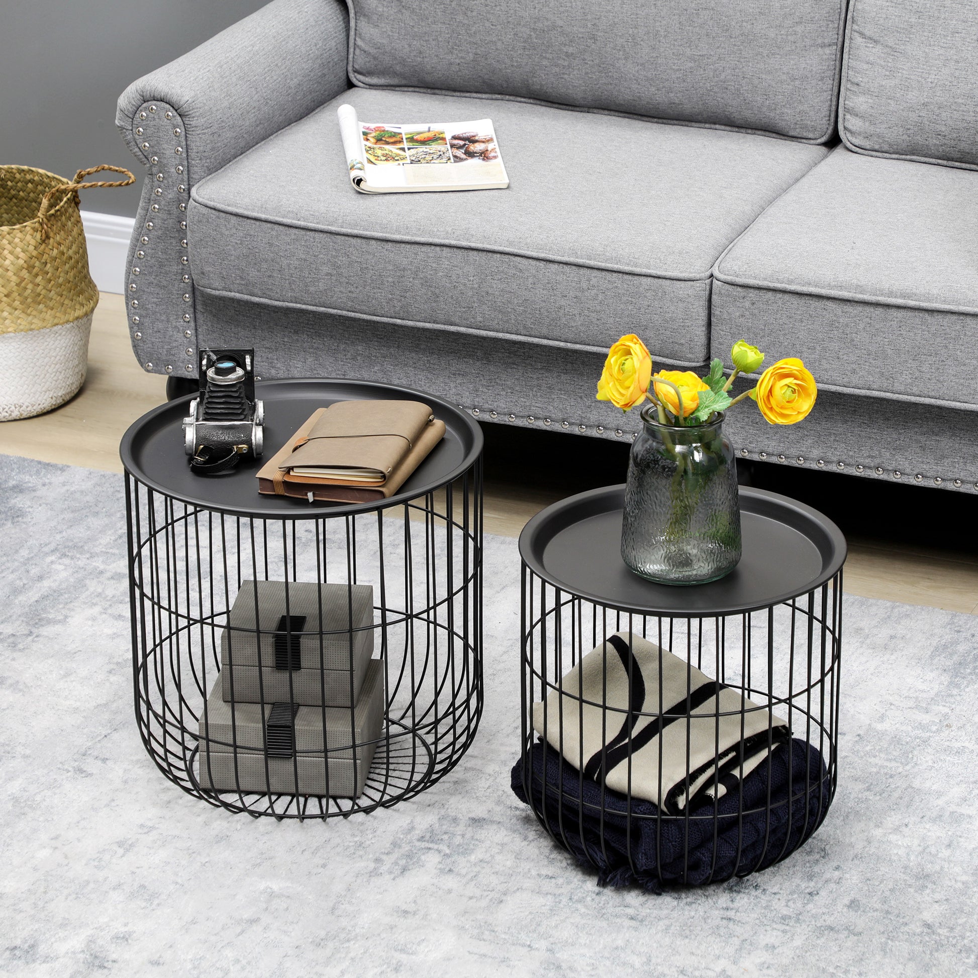 Round Coffee Table 2-Piece Set, Side Table with Storage, Removable Tabletop, Steel Construction, Scandinavian Design, Living Room Coffee Table Side Table for Living Room Bedroom, Black