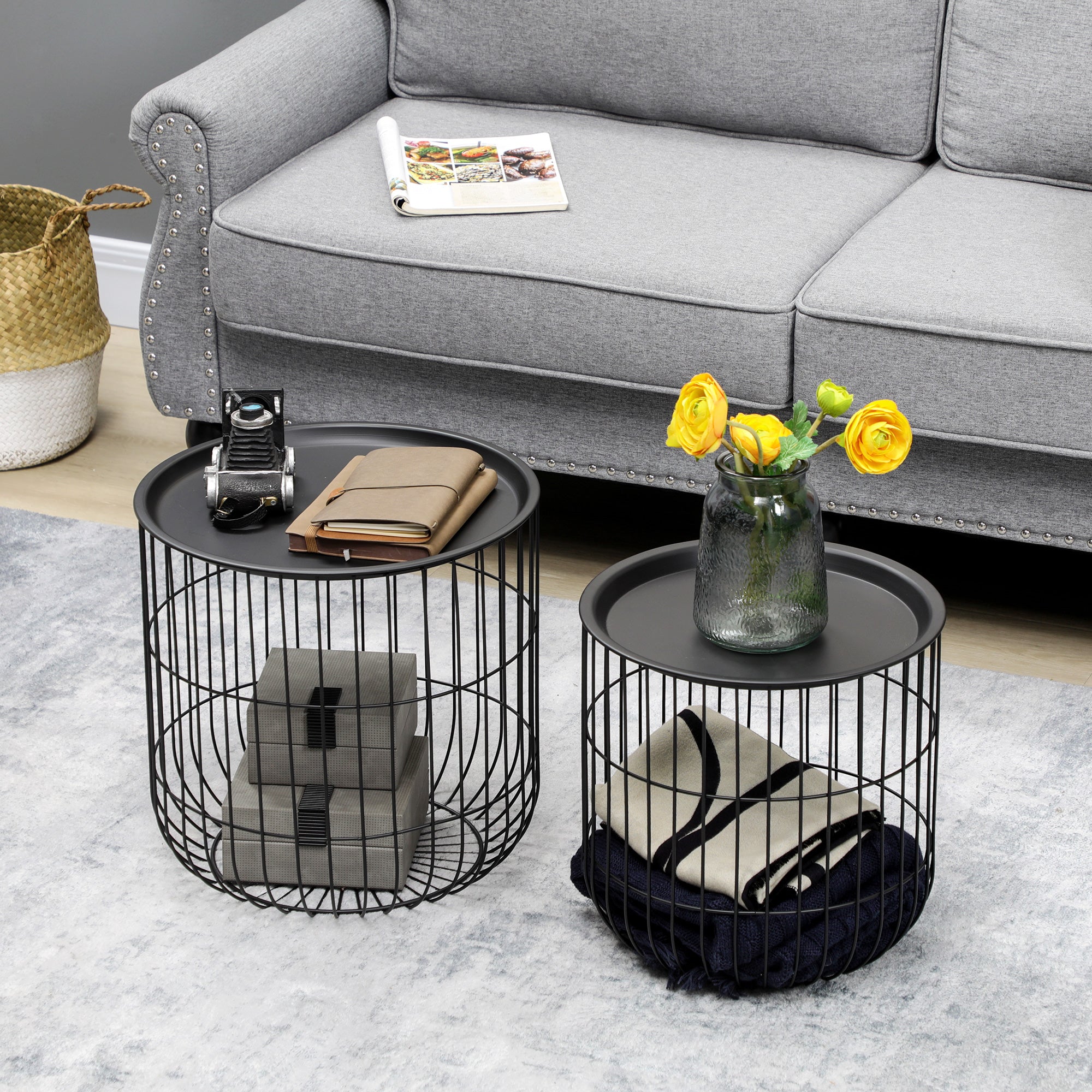 Round Coffee Table 2-Piece Set, Side Table with Storage, Removable Tabletop, Steel Construction, Scandinavian Design, Living Room Coffee Table Side Table for Living Room Bedroom, Black
