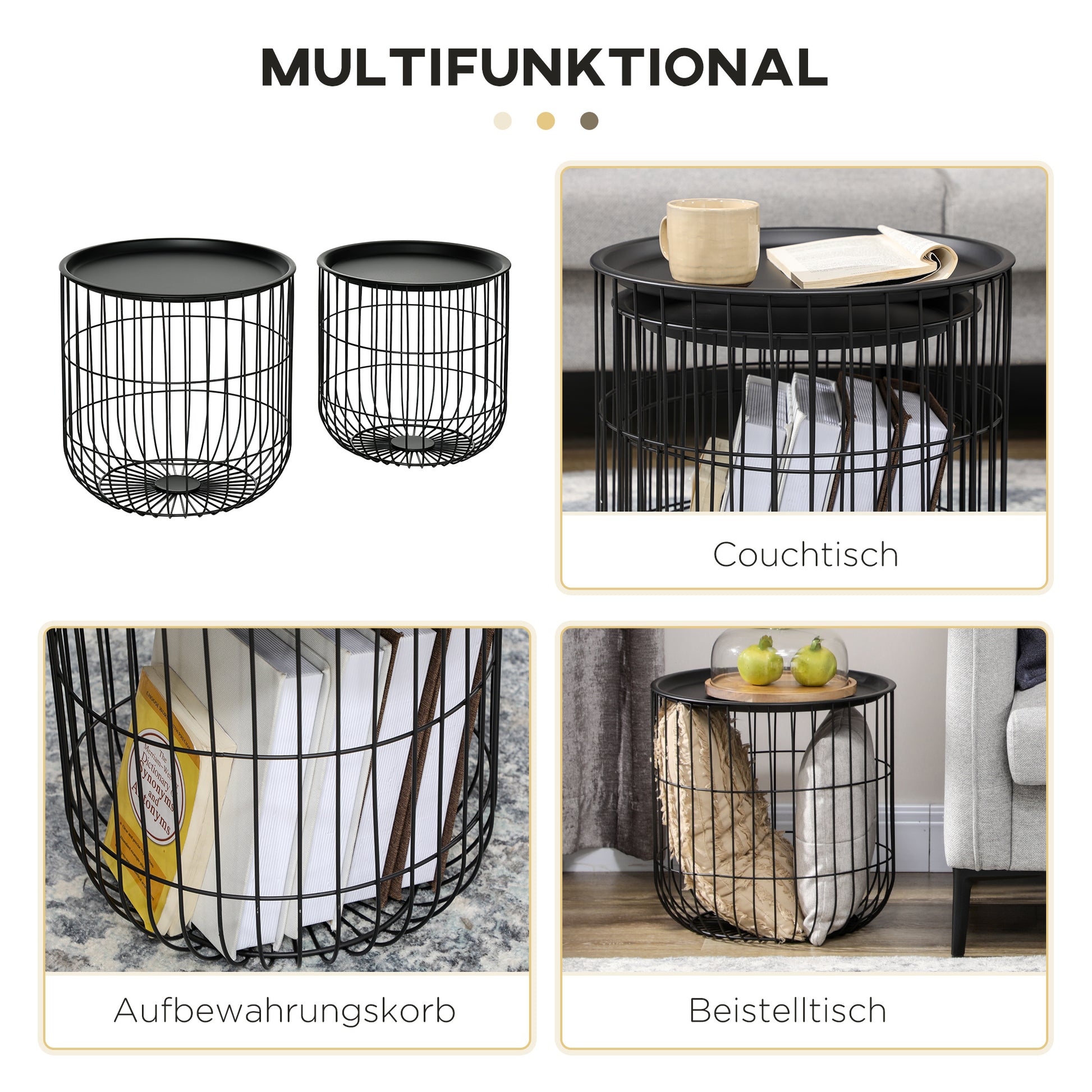 Round Coffee Table 2-Piece Set, Side Table with Storage, Removable Tabletop, Steel Construction, Scandinavian Design, Living Room Coffee Table Side Table for Living Room Bedroom, Black
