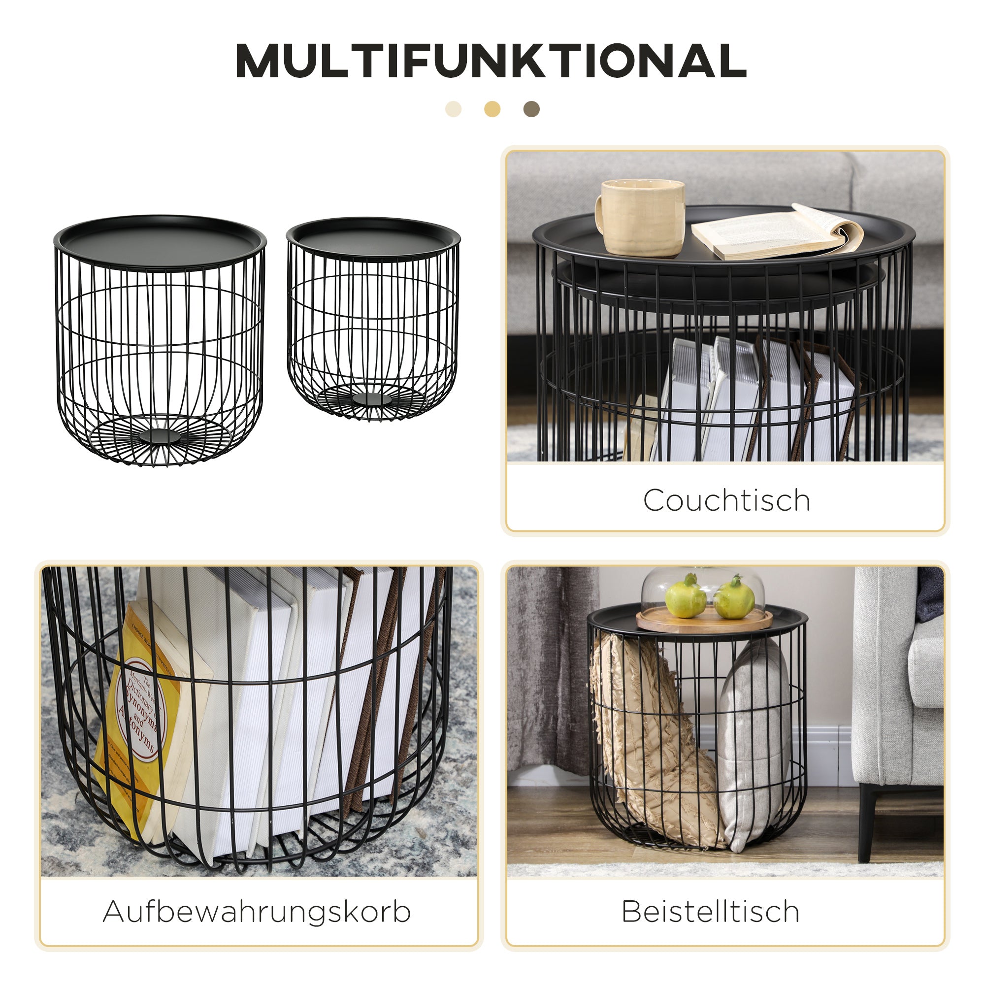 Round Coffee Table 2-Piece Set, Side Table with Storage, Removable Tabletop, Steel Construction, Scandinavian Design, Living Room Coffee Table Side Table for Living Room Bedroom, Black