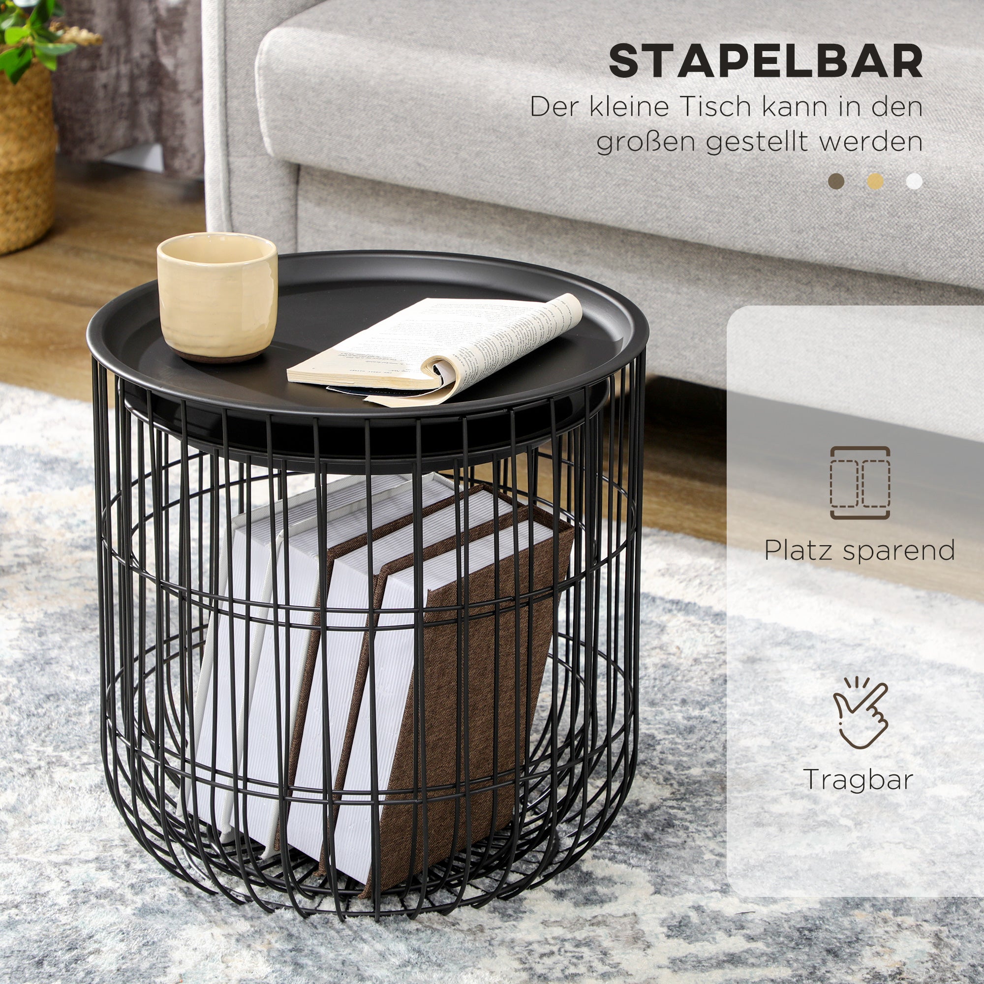 Round Coffee Table 2-Piece Set, Side Table with Storage, Removable Tabletop, Steel Construction, Scandinavian Design, Living Room Coffee Table Side Table for Living Room Bedroom, Black