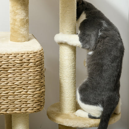Cat Scratching Post 98 cm Cat Tree with 2 Lounging Areas, Climbing Tree Toy Ball, Scratching Posts, Cat Furniture with Cat Cave for Cats up to 6 kg, Water Hyacinth, Sisal, Beige