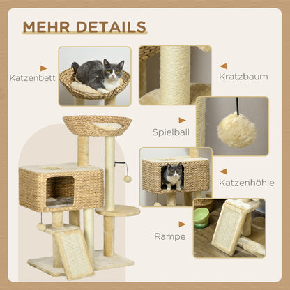 Cat Scratching Post 98 cm Cat Tree with 2 Lounging Areas, Climbing Tree Toy Ball, Scratching Posts, Cat Furniture with Cat Cave for Cats up to 6 kg, Water Hyacinth, Sisal, Beige