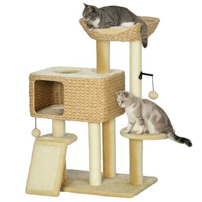 Cat Scratching Post 98 cm Cat Tree with 2 Lounging Areas, Climbing Tree Toy Ball, Scratching Posts, Cat Furniture with Cat Cave for Cats up to 6 kg, Water Hyacinth, Sisal, Beige