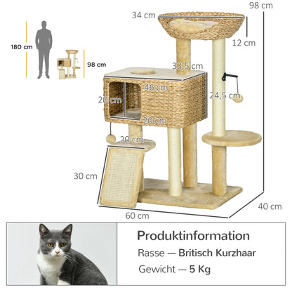 Cat Scratching Post 98 cm Cat Tree with 2 Lounging Areas, Climbing Tree Toy Ball, Scratching Posts, Cat Furniture with Cat Cave for Cats up to 6 kg, Water Hyacinth, Sisal, Beige