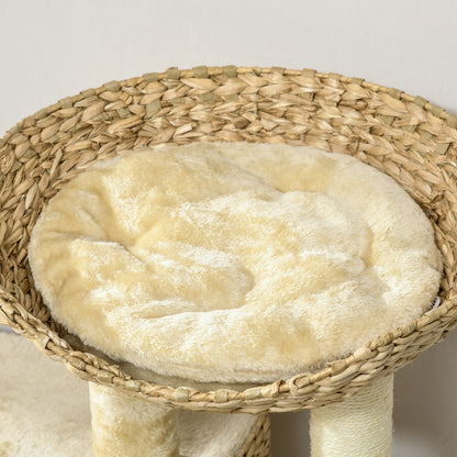 Cat Scratching Post 98 cm Cat Tree with 2 Lounging Areas, Climbing Tree Toy Ball, Scratching Posts, Cat Furniture with Cat Cave for Cats up to 6 kg, Water Hyacinth, Sisal, Beige