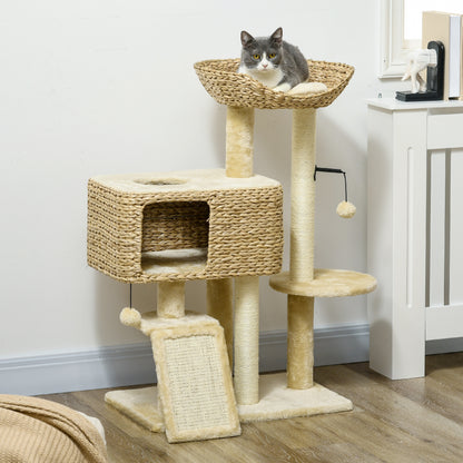 Cat Scratching Post 98 cm Cat Tree with 2 Lounging Areas, Climbing Tree Toy Ball, Scratching Posts, Cat Furniture with Cat Cave for Cats up to 6 kg, Water Hyacinth, Sisal, Beige
