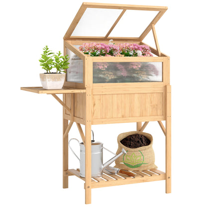 Raised Garden Bed with Cold Frame — Elevated Pine Wood Planter with Foldable Side Table & Storage Shelf for Vegetables, Flowers, Herbs, 104 x 50 x 120 cm (41 x 19.7 x 47.2 in) — Natural