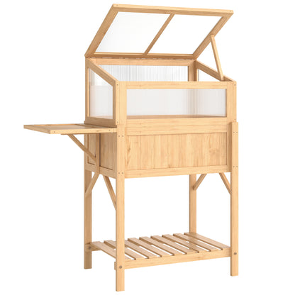 Raised Garden Bed with Cold Frame — Elevated Pine Wood Planter with Foldable Side Table & Storage Shelf for Vegetables, Flowers, Herbs, 104 x 50 x 120 cm (41 x 19.7 x 47.2 in) — Natural