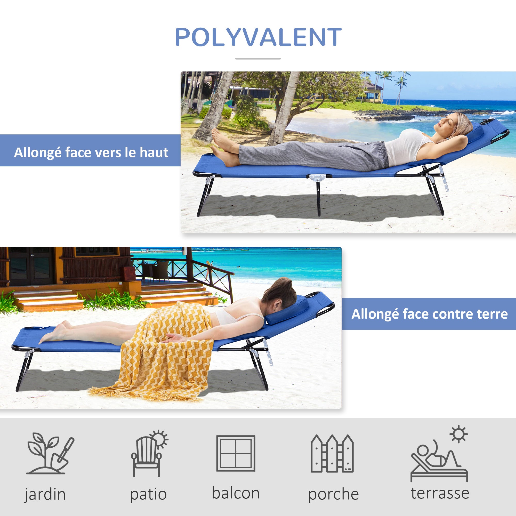 Folding Sun Lounger Reclining 4 Positions Chaise Longue 3 Cushions Included Blue