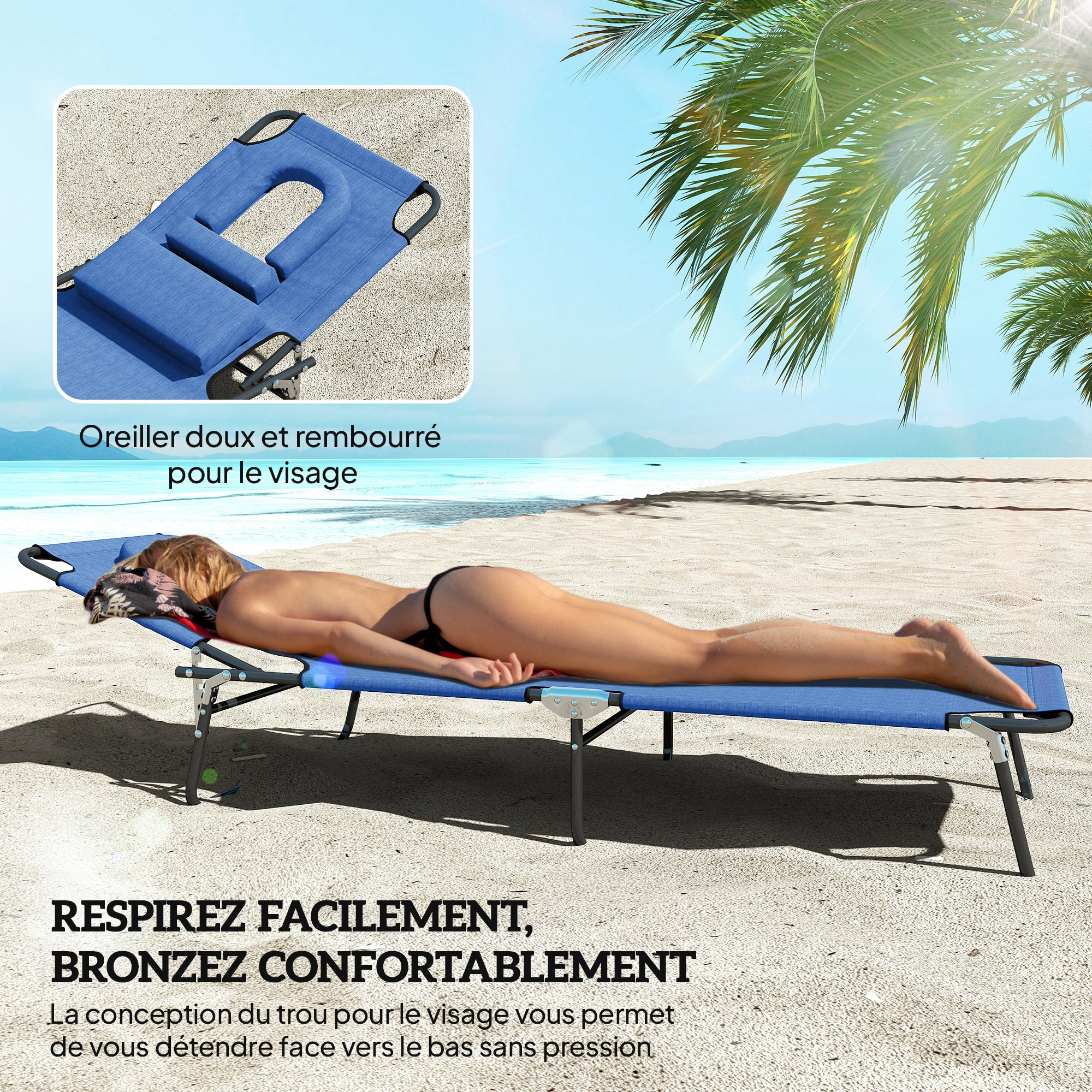 Folding Sun Lounger Reclining 4 Positions Chaise Longue 3 Cushions Included Blue