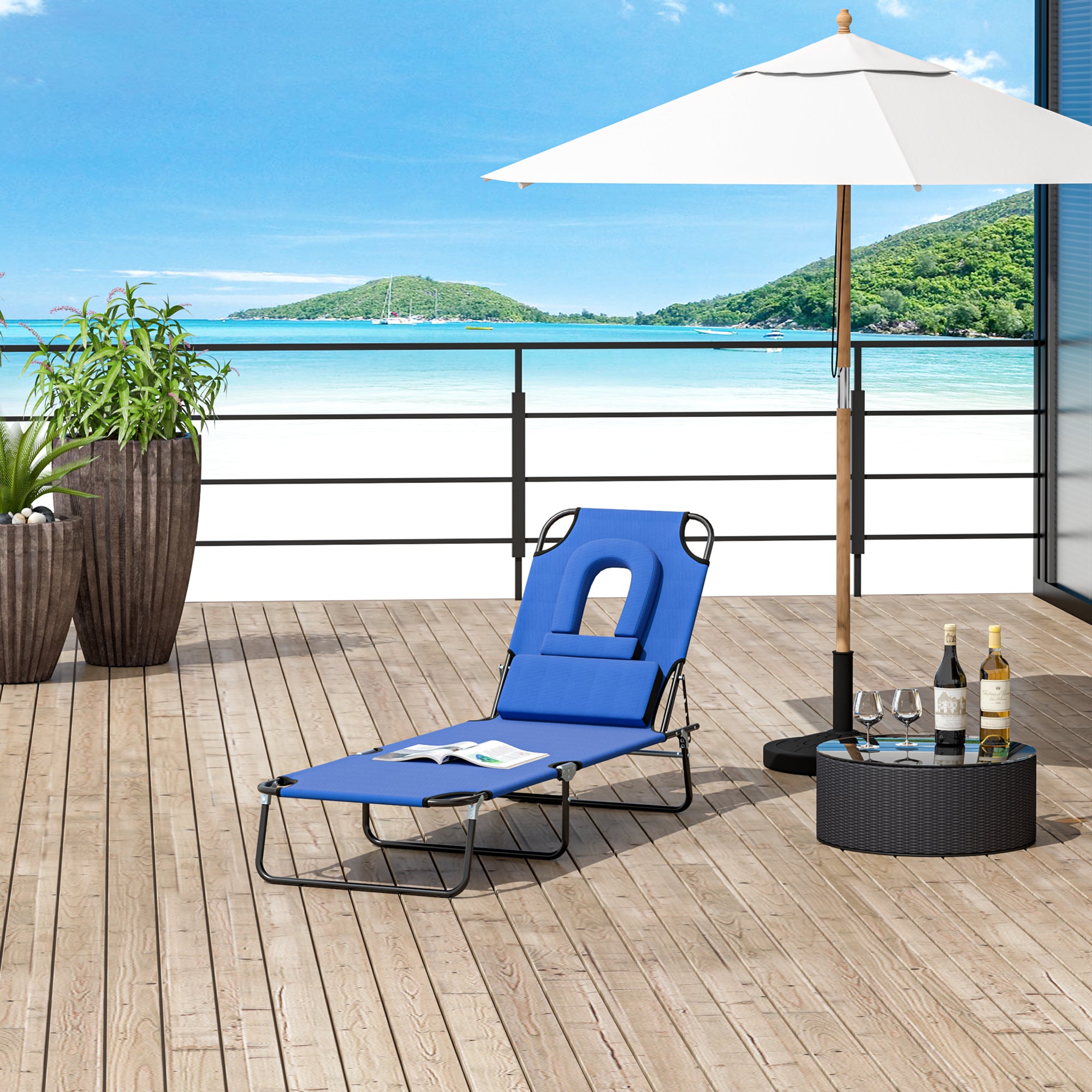 Folding Sun Lounger Reclining 4 Positions Chaise Longue 3 Cushions Included Blue