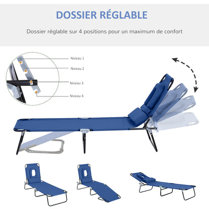 Folding Sun Lounger Reclining 4 Positions Chaise Longue 3 Cushions Included Blue
