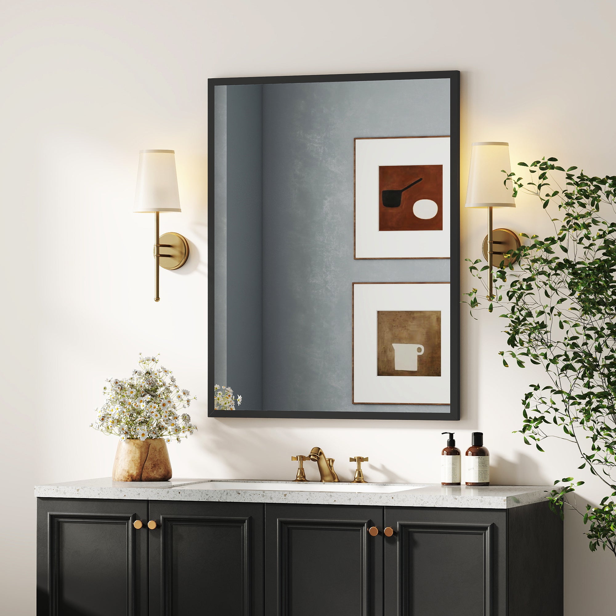 Rectangular Wall Mirror 27.6 x 35.4 in (70 x 90 cm), Black Wood Frame — Ideal for Bathroom, Living Room or Bedroom