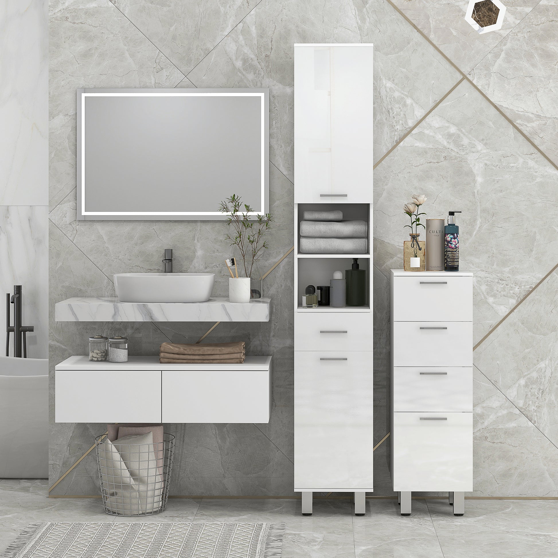 Bathroom Cabinet Niche Cabinet Slim with 3 Drawers, Adjustable Shelf Toilet Cabinet Bathroom Cabinet Side Cabinet for Bathroom, Small Spaces, 30 x 30 x 93 cm White